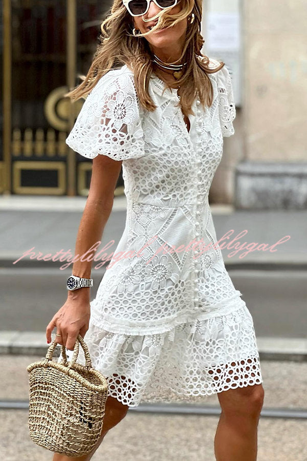 Sweet Valor Crochet Lace Puff Sleeve Button Up Mini Dress - Elegant Floral Summer Dress for Women, Perfect for Dates, Parties & Beach Vacations