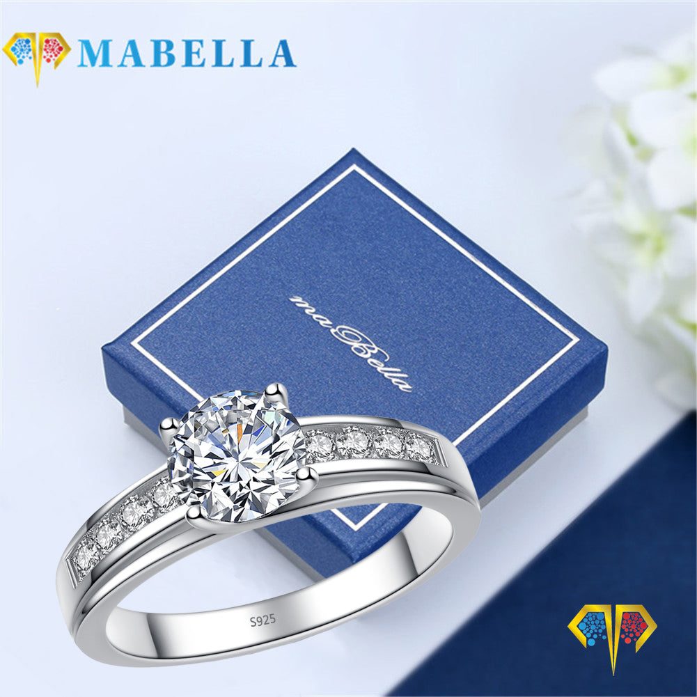 MABELLA 925 Sterling Silver Solitaire Round Cubic Zirconia Engagement Ring for Women - Elegant Wedding, Proposal & Anniversary Jewelry Gift