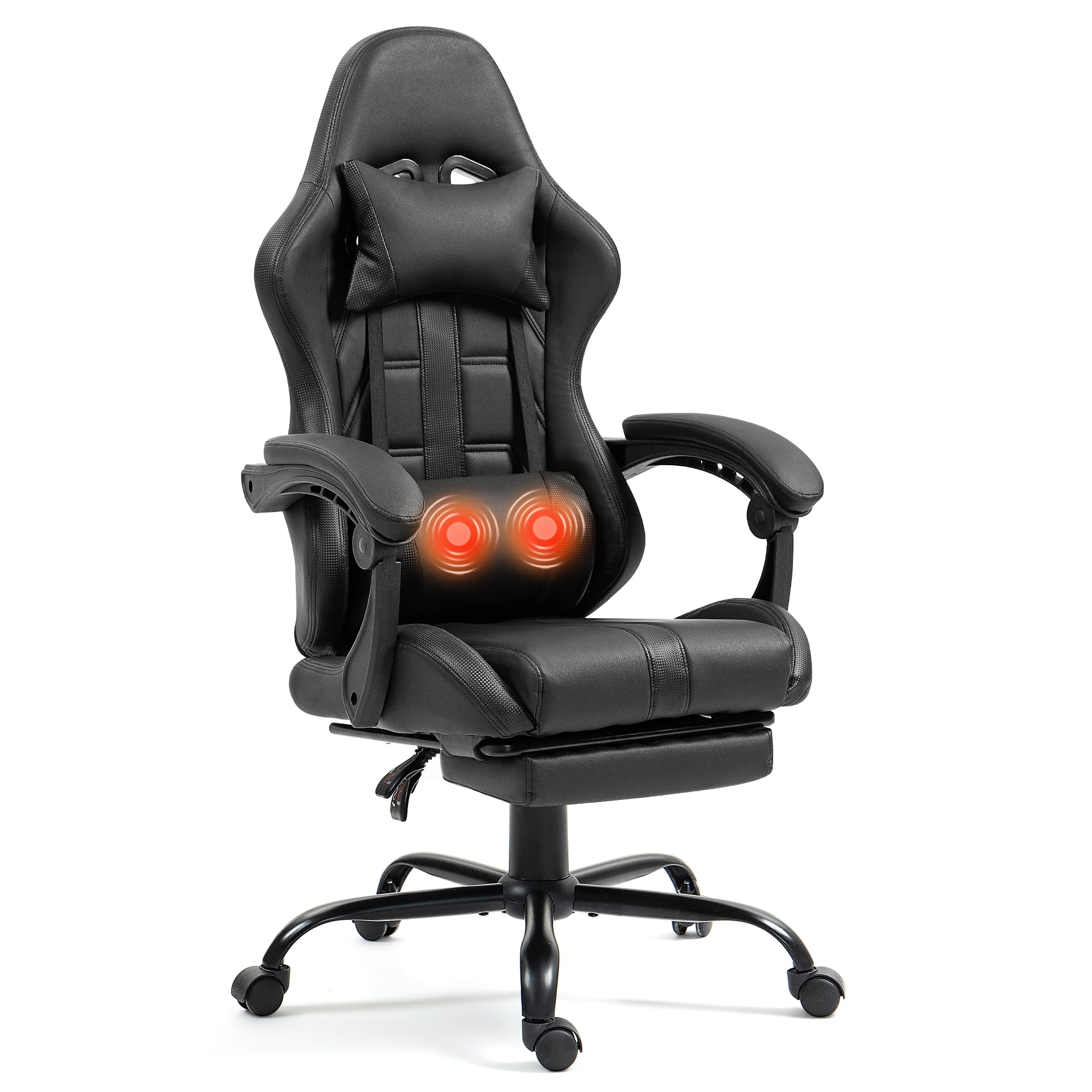 Ergonomic Massage Gaming Chair with Adjustable Footrest, High Back Office Chair with Headrest & Lumbar Support - PU Leather Swivel Computer Desk Chair for Home & Office Use - Perfect for Gaming, Working, and Relaxing - Black