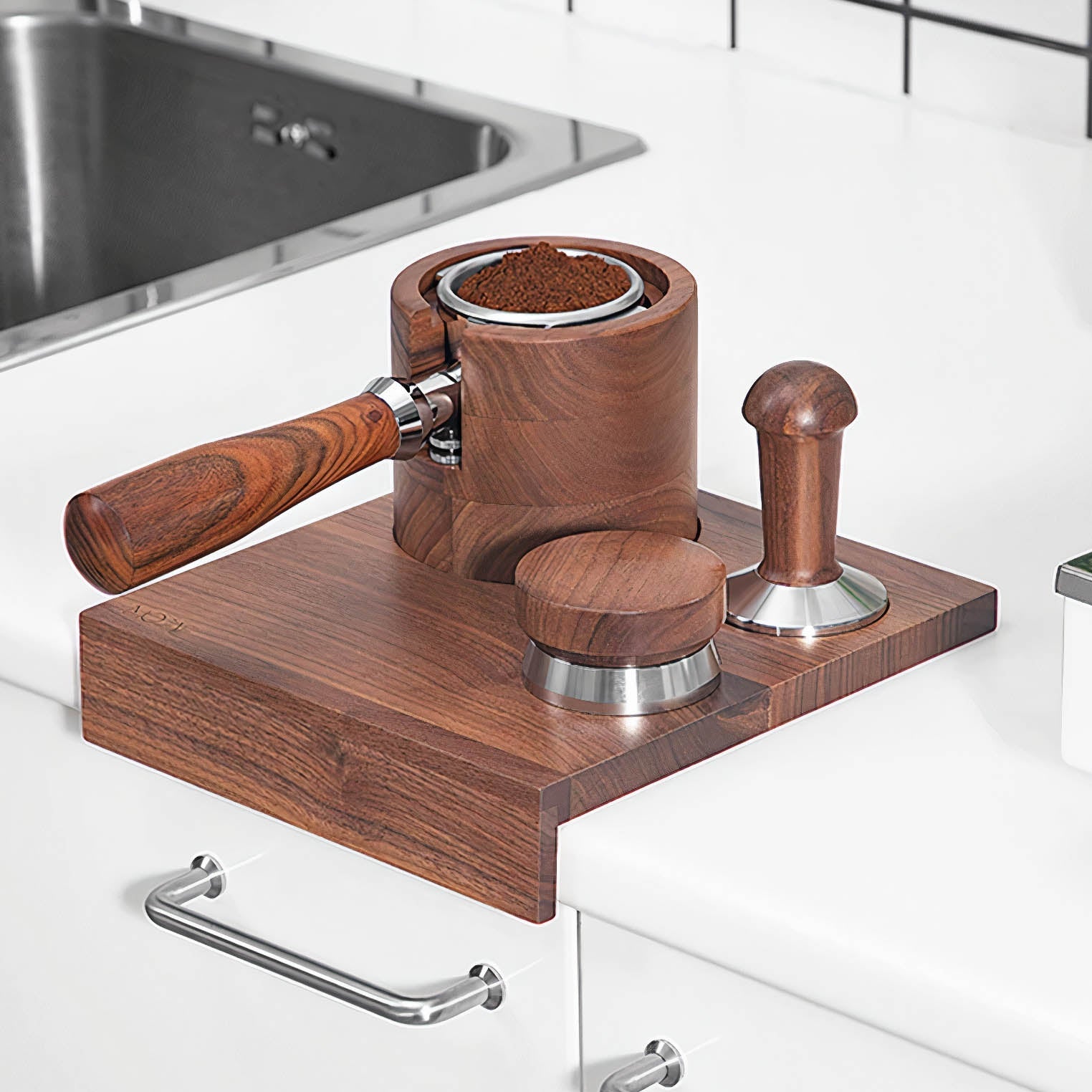 Premium Adjustable Depth Espresso Coffee Distributor Tool with Walnut Wood Handle - Perfect for Baristas & Home Coffee Brewing
