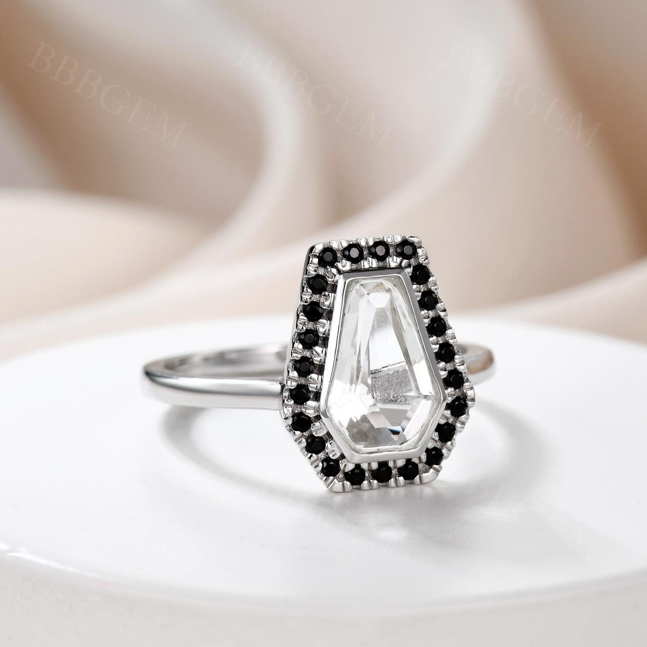 14K White Gold Coffin Cut White Topaz & Black Diamond Gothic Engagement Ring Set (2-Piece) – Perfect for Dark Romance Weddings, Gothic Proposals, and Alternative Jewelry Lovers