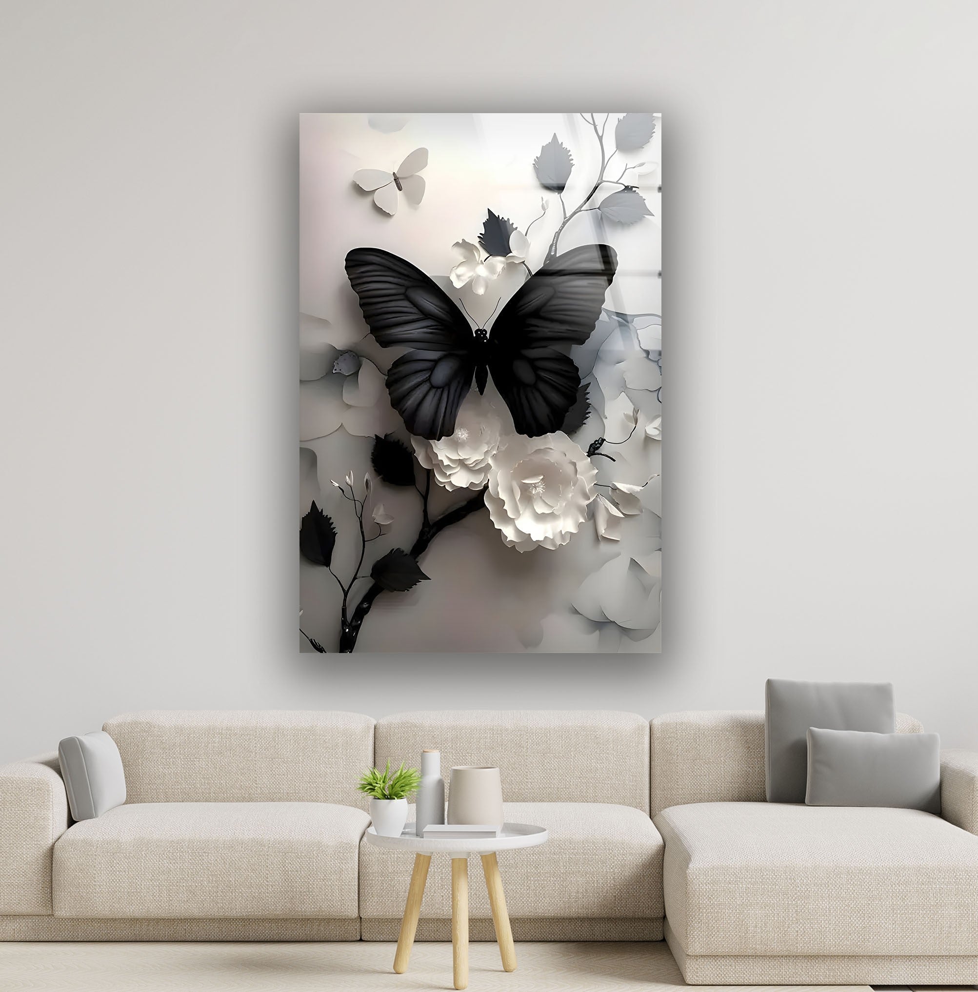 Elegant Black Butterfly & Floral Glass Wall Art - Handmade Decorative Panel for Living Room, Bedroom, or Office Decor
