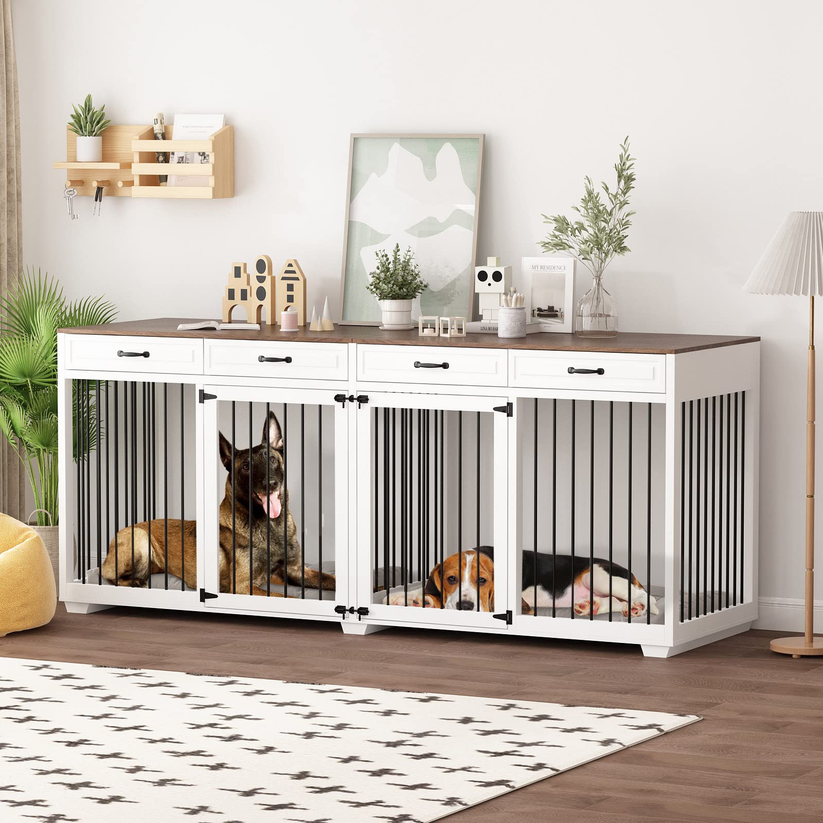 Extra Large 93 Inch Heavy Duty Wooden Dog Crate - Furniture Style Dog Kennel with Drawers & Removable Divider - Indoor Luxury Dog House for XL Large Breed Dogs - White - Perfect for Living Room, Bedroom & Pet-Friendly Home Decor