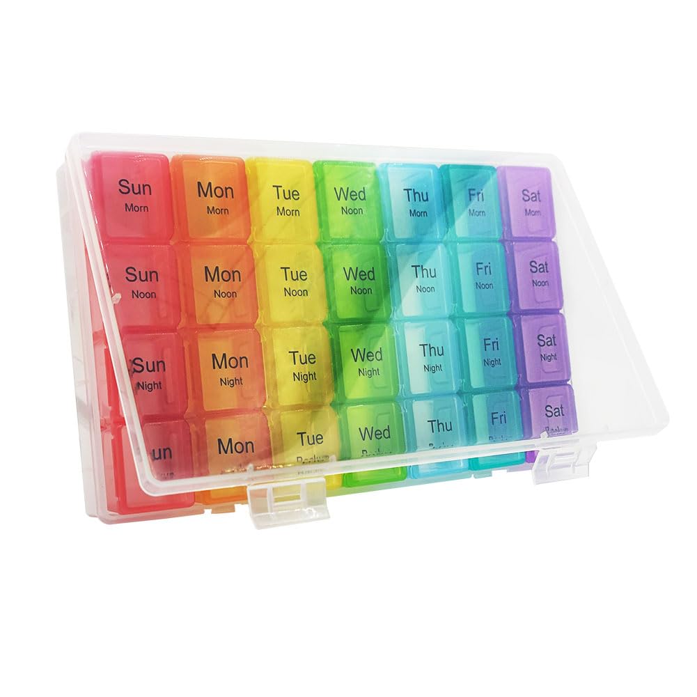 Large Weekly Pill Organizer - 4 Times AM/PM, 7 Day Travel Pill Box with Vitamin Compartments | Monthly Medicine Dispenser for Travel, Home & Daily Medication Management