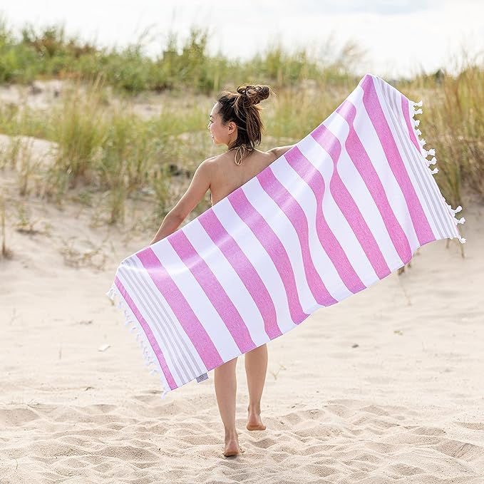 Coastal Resort Stripe Fouta 2-Piece Beach Towel Set with Tassels - Soft & Absorbent for Pool, Beach, Spa & Outdoor Use