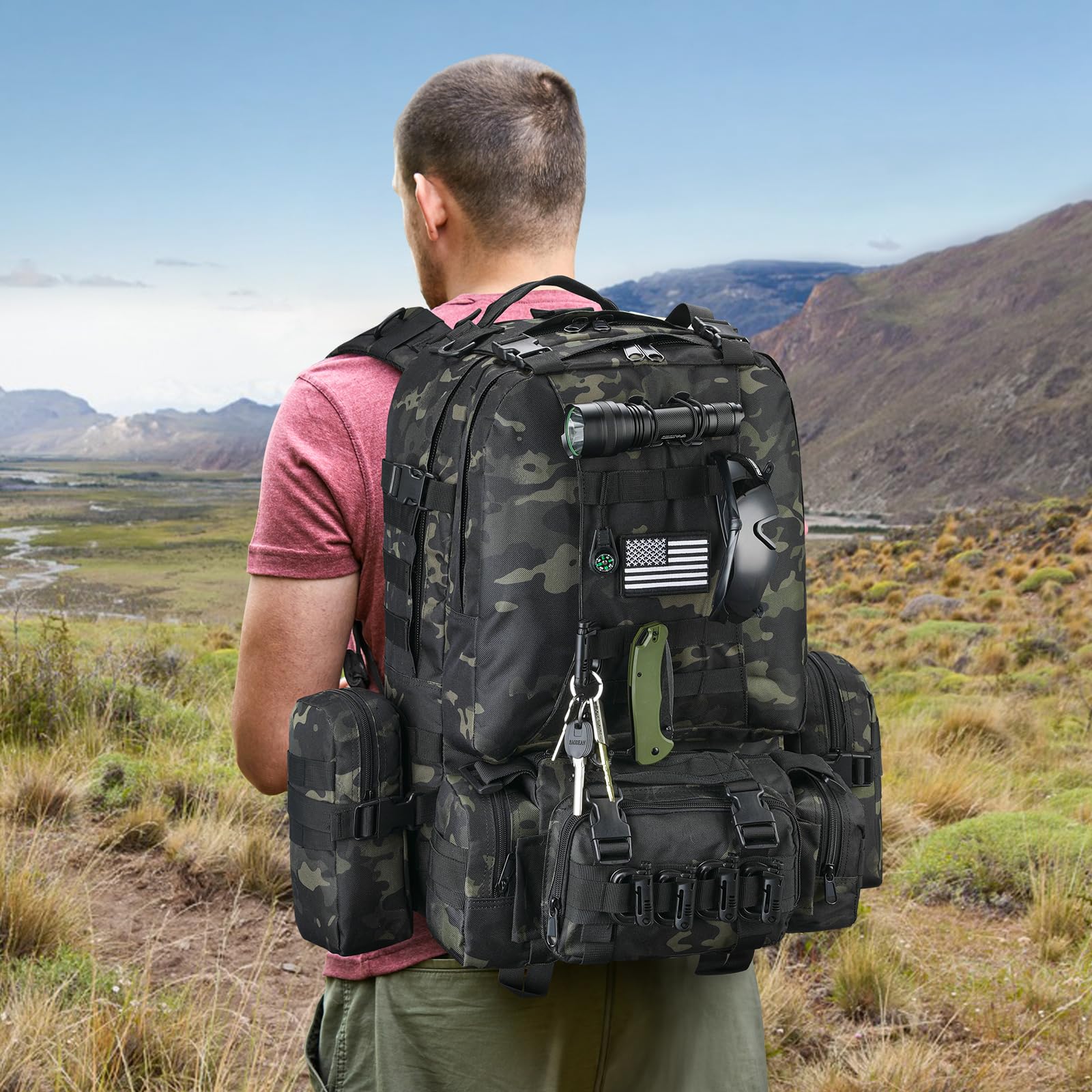 CVLIFE 60L Tactical Backpack for Men & Women - Military Large Army Rucksack with D-Ring, MOLLE Clips & Compass Accessories - 3 Day Bug Out Survival Bag for Hiking, Camping, Gym & Outdoor Adventures (Black)