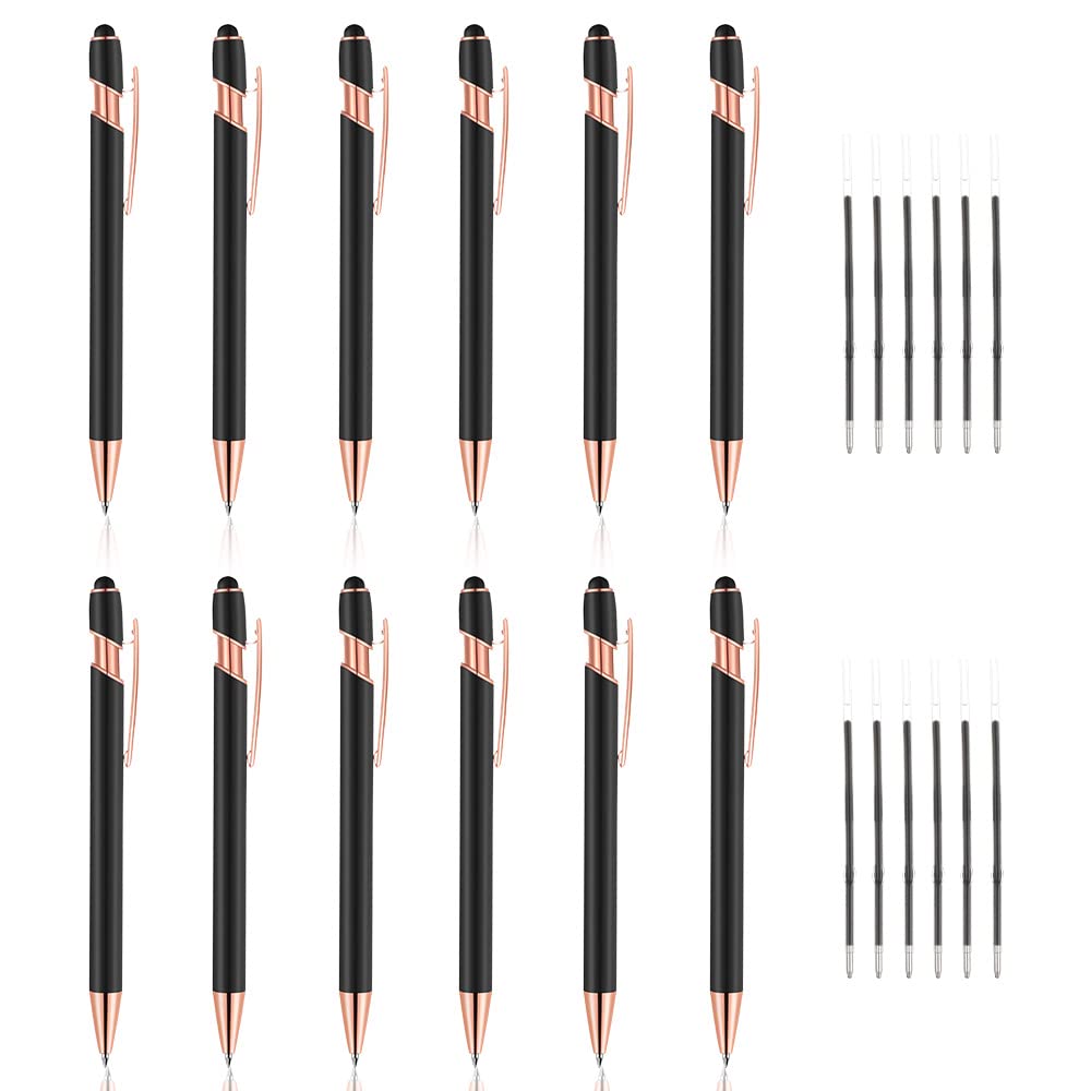 12-Pack 2-in-1 Stylus Ballpoint Pens with 1.0mm Black Ink - Metal Touch Screen Stylus & Writing Pen (Rose Gold & Black) Includes 12 Refills - Perfect for iPad, Tablet, Smartphone Note-Taking & Signing Documents