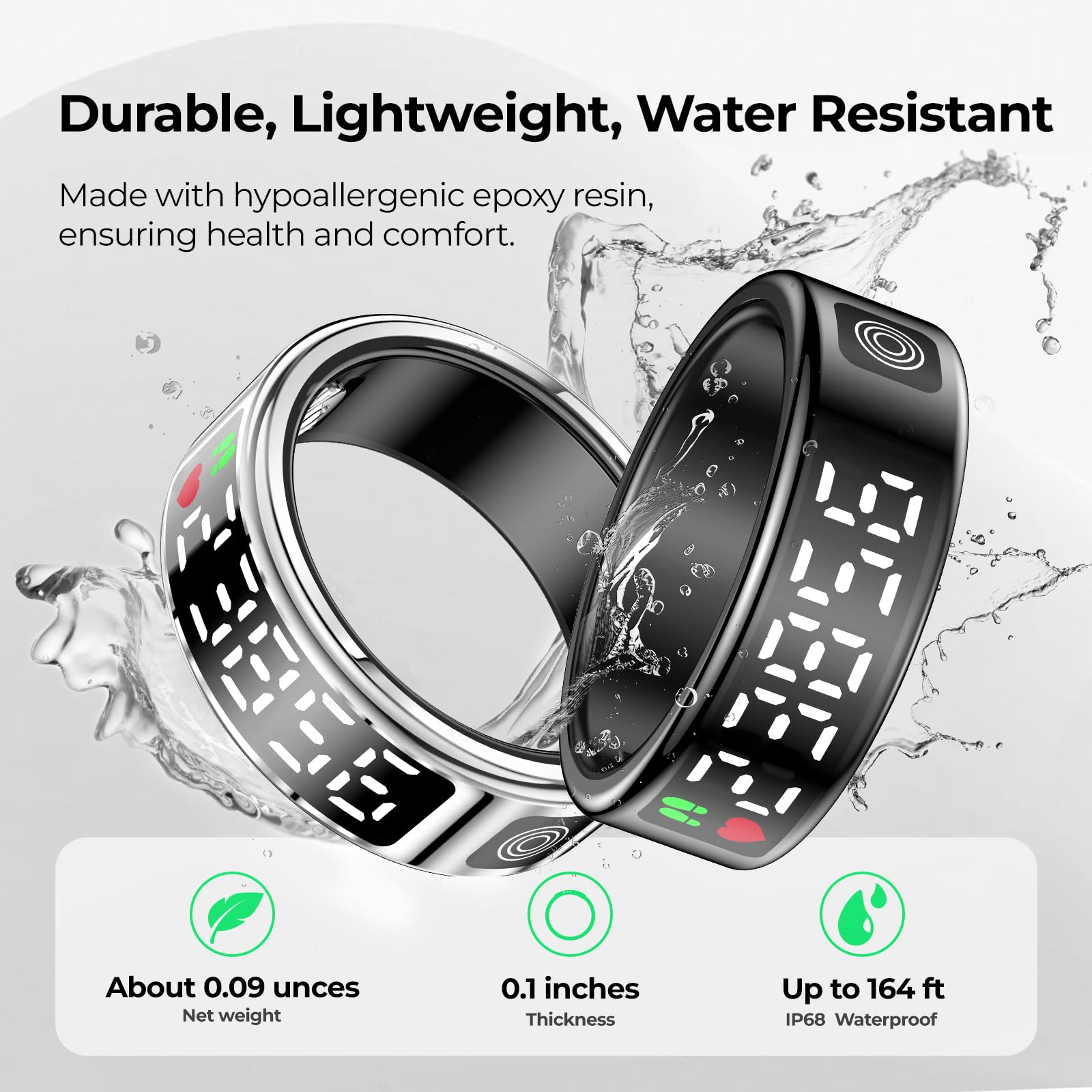 Smart Ring with Digital Display - Health & Fitness Tracker for Heart Rate, Blood Oxygen & Sleep Monitoring | Waterproof Activity Tracker | TikTok Remote Control | No Subscription Needed (Silver, Size 8) | Perfect for Workouts, Sleep Tracking & Social Media Control