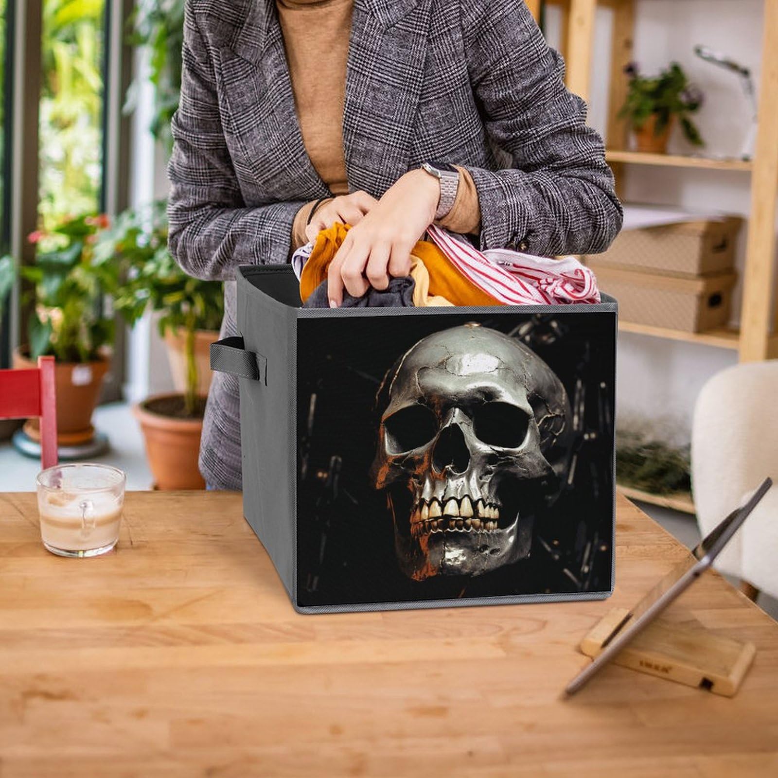 6PCS Collapsible Storage Bins with Handles - Skull Printed Multi-Purpose Organizer Boxes for Home, Office & Halloween Decor | Space-Saving Storage for Shelves, Closet & Party Supplies