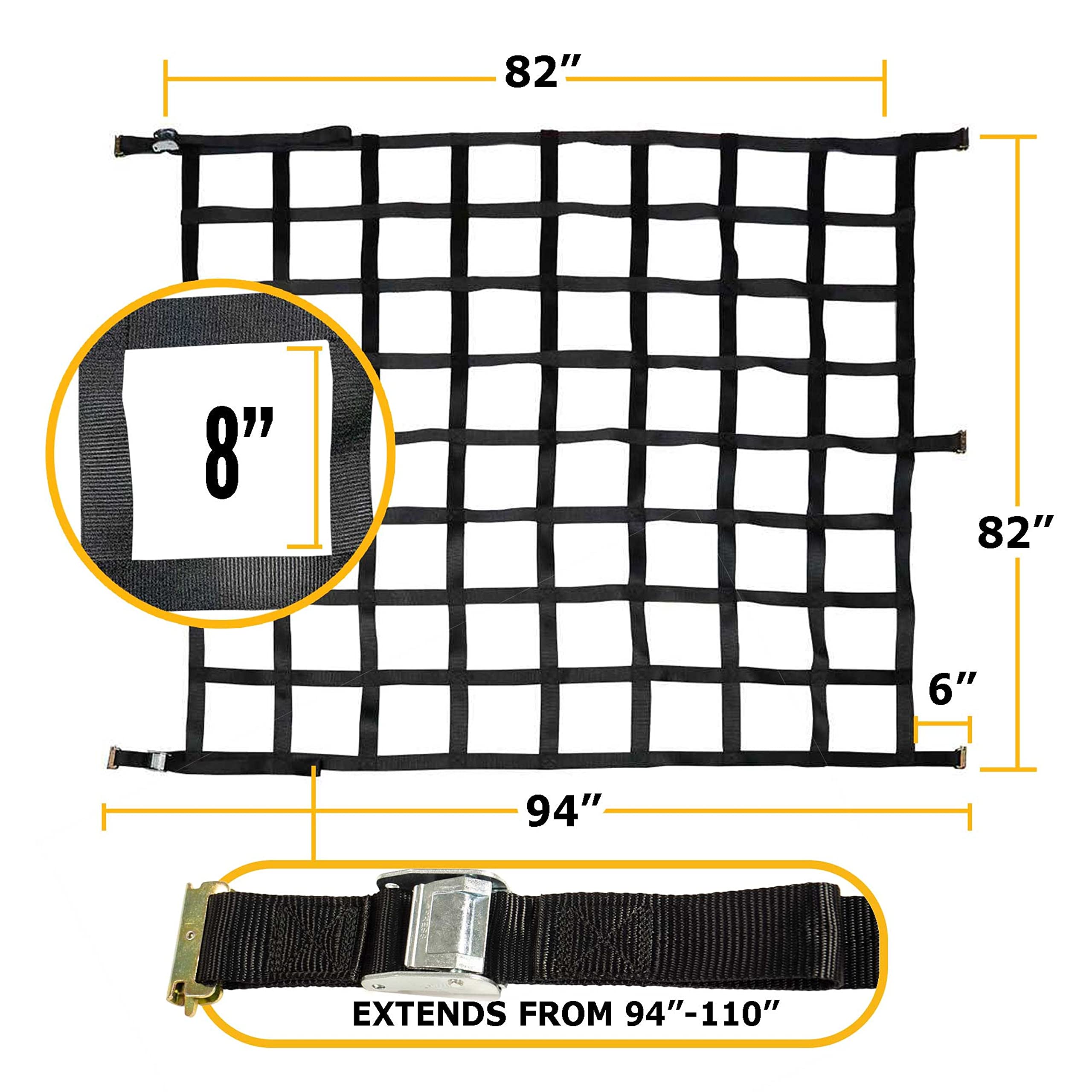 Heavy Duty 6.8' x 6.8' Cargo Net with Cam Buckles & E-Track Fittings - Secure Loads in Enclosed Trailers, Vans & Trucks - 8