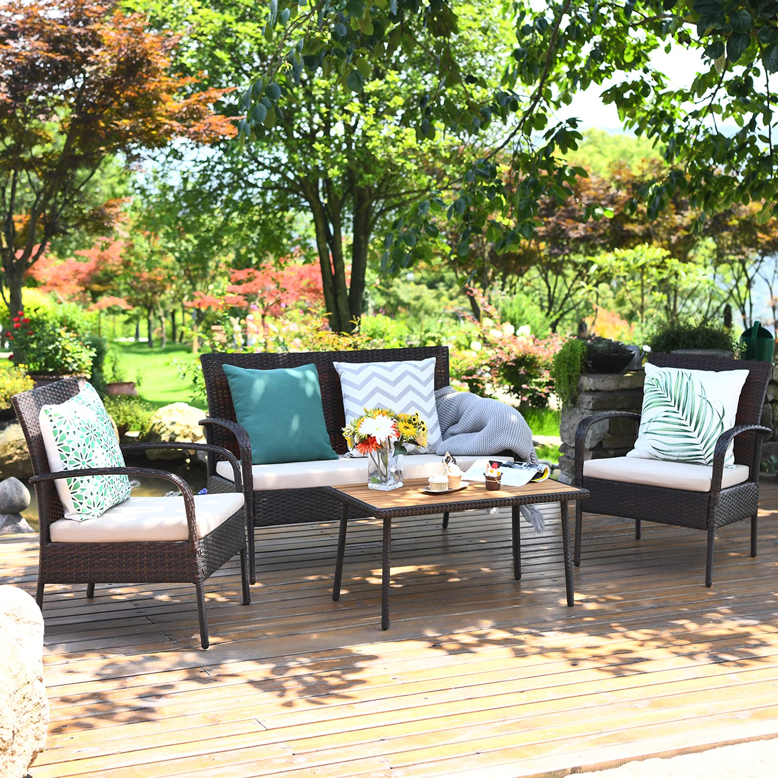 Tangkula 4-Piece Patio Rattan Furniture Set with Cushions & Acacia Wood Coffee Table - Outdoor Sectional Sofa Set for Garden, Backyard, Poolside - Weather-Resistant Brown Wicker Conversation Set (Perfect for Outdoor Entertaining, Relaxing & Lounging)