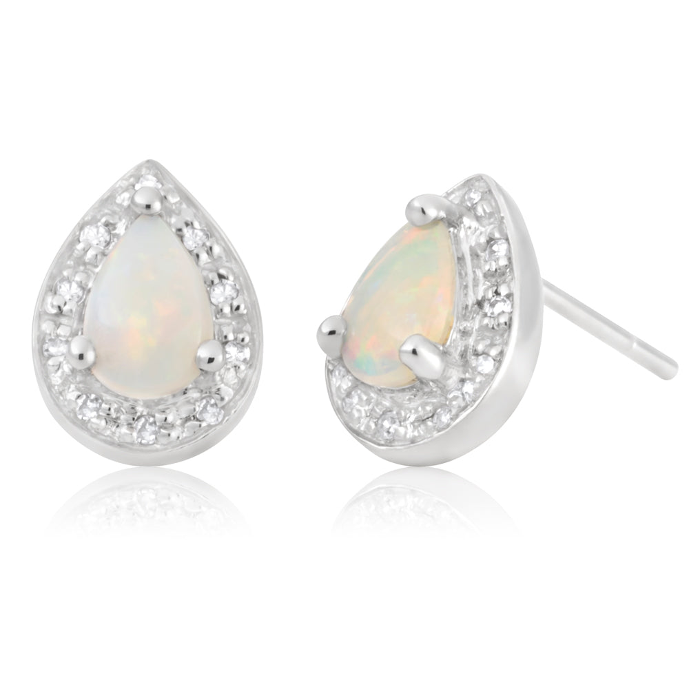 9ct White Gold White Opal and Diamond Pear Stud Earrings | Elegant Dangle Earrings for Women | Perfect for Weddings, Parties & Special Occasions