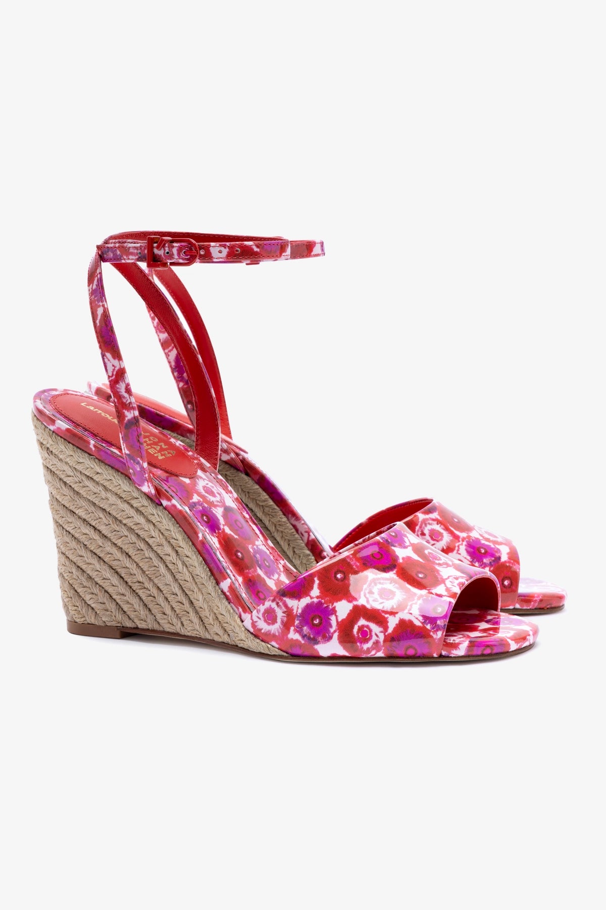 Larroudé x Jonathan Cohen Yves Wedge Sandals - Red Abstract Printed Patent Leather Heels for Women | Perfect for Parties, Weddings & Date Nights