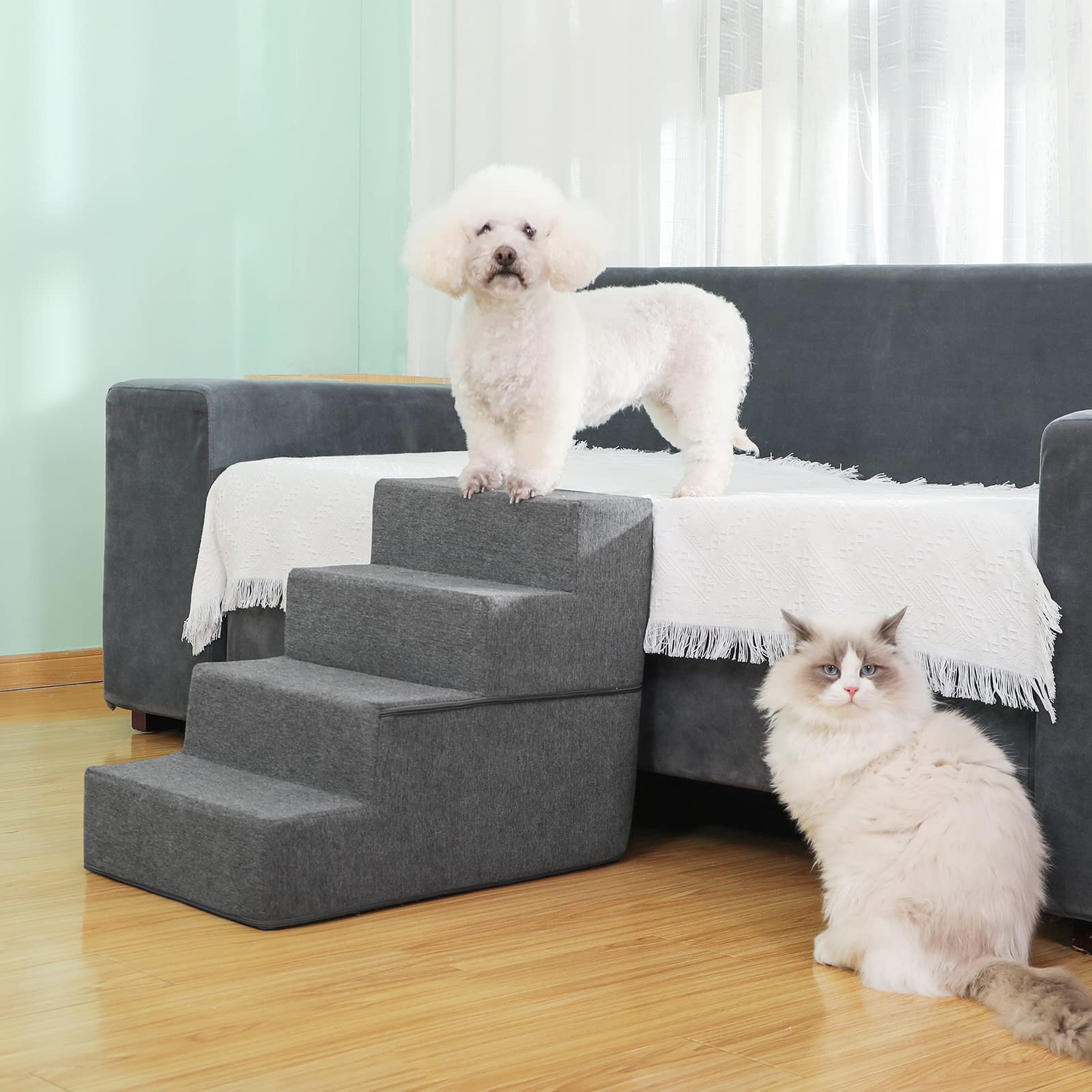 **4-Step High Density Foam Pet Stairs for Dogs & Cats - Non-Slip Foldable Dog Steps with Washable Cover - Ideal for High Beds, Couches, Elderly or Injured Pets - Grey**    *(Perfect for small pets to safely reach furniture, great for homes with senior or recovering animals!)*