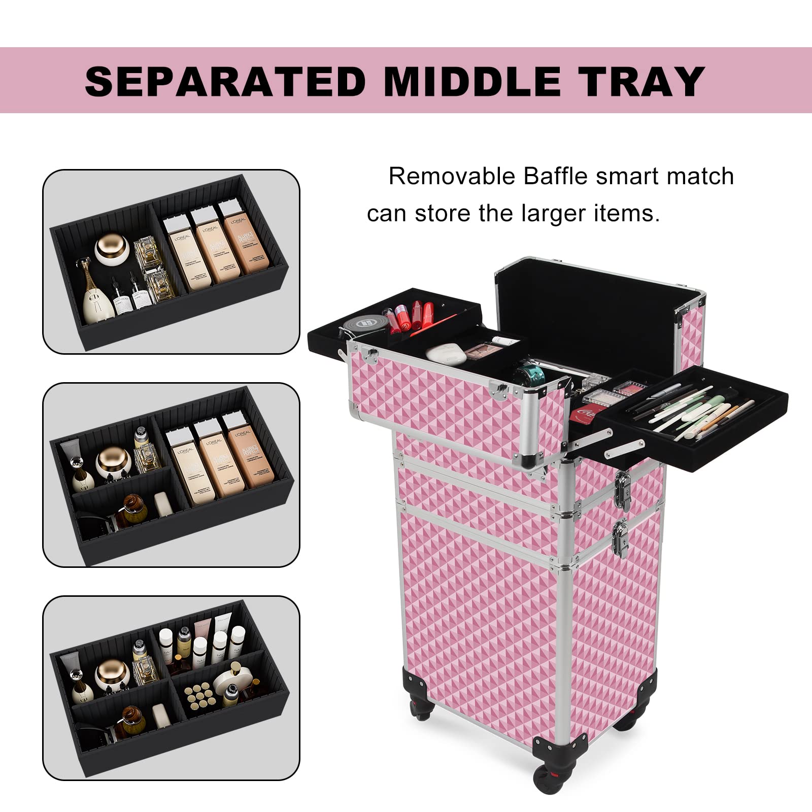 3-in-1 Professional Rolling Makeup Case with Lock & Wheels | Large Cosmetic Storage Trolley for Beauty Artists | Travel-Friendly Pink Train Case (0079) | Perfect for Salon, Mobile Makeup Services & Travel Organization