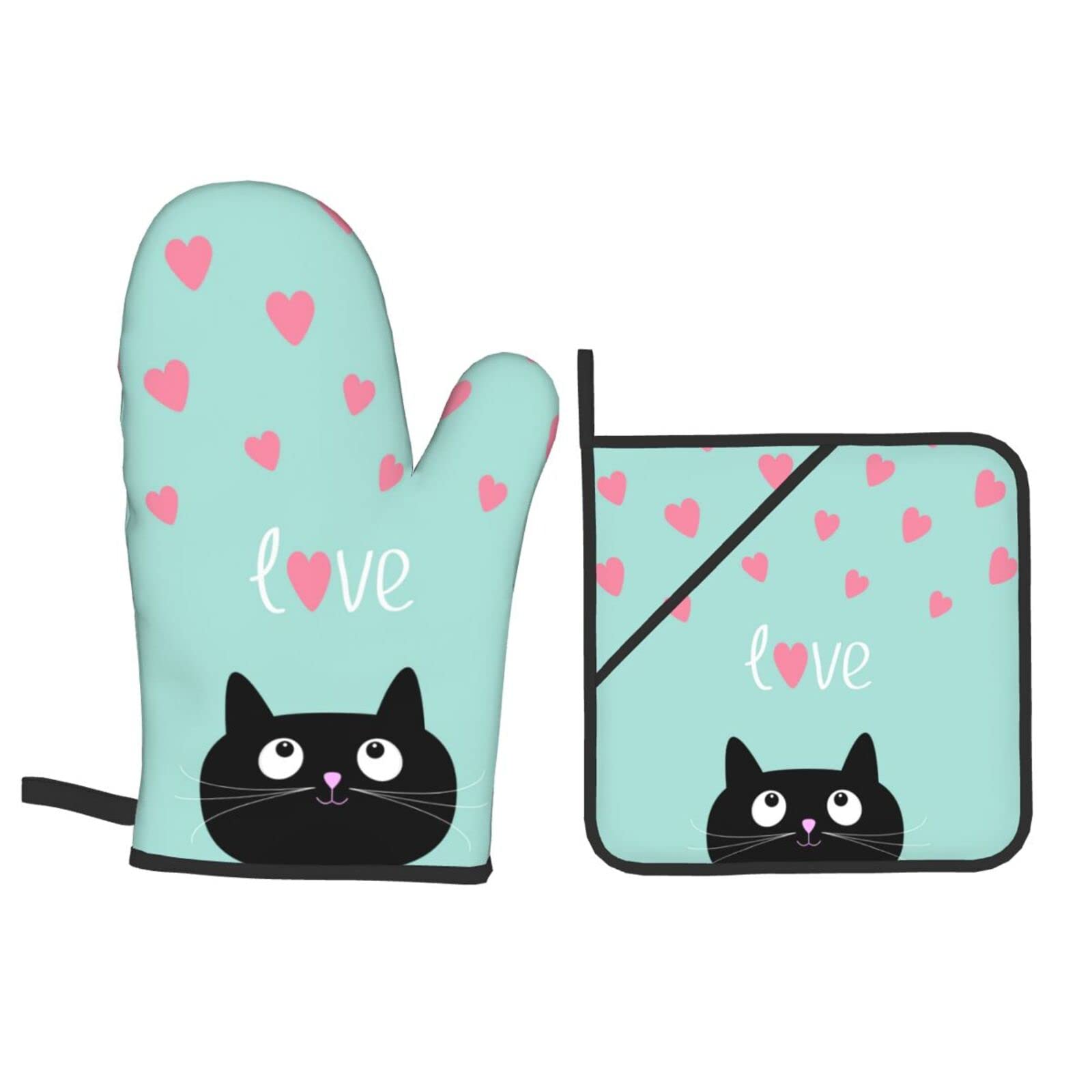 Funny Black Cat Oven Mitts and Pot Holders Set - 4pcs Heat Resistant Kitchen Gloves for Baking, Cooking, BBQ & Grilling - Perfect Gift for Cat Lovers & Home Chefs