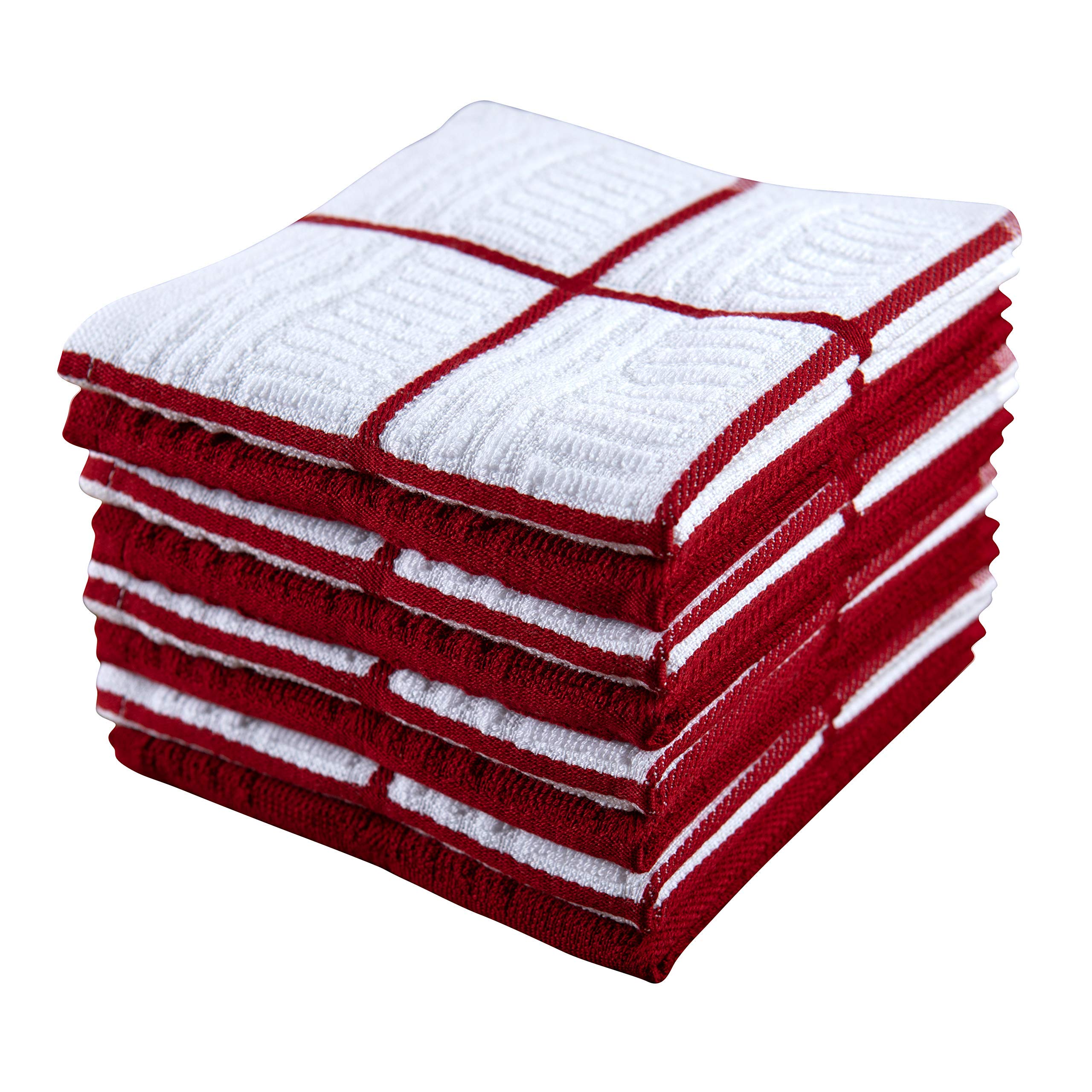 Premium 100% Cotton Kitchen Towels Set of 8 - Absorbent Dish Cloths, Tea Towels & Reusable Cleaning Cloths (12x12 Inch, Red & White) | Oeko-Tex Certified | Perfect for Dish Drying, Counter Cleaning & Hand Wiping