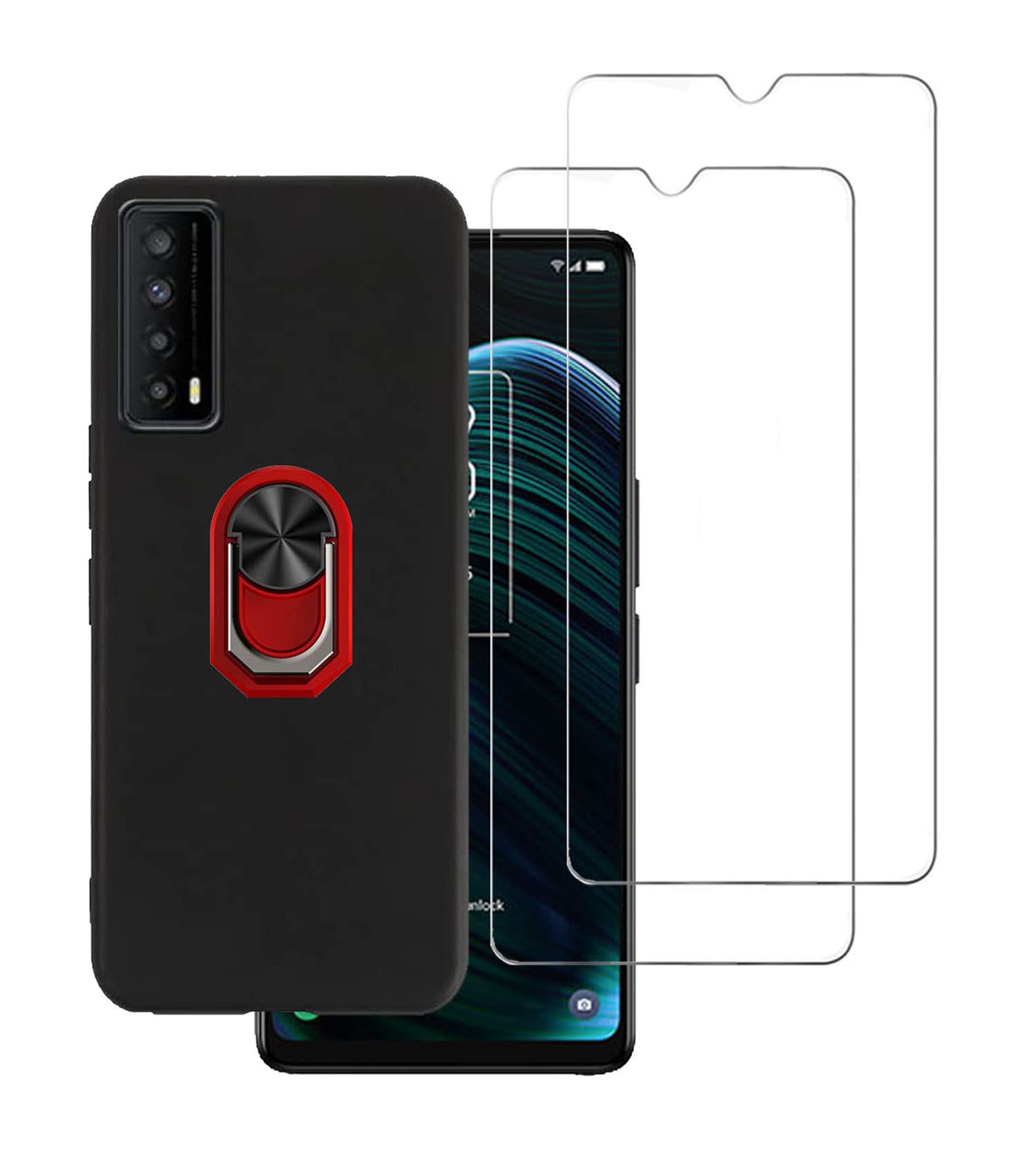 2 Pack Tempered Glass Screen Protector & Full Body Shockproof Case with Kickstand & 360 Ring Holder for TCL Stylus 5G - Red | Perfect for Outdoor Activities, Work & Travel Protection