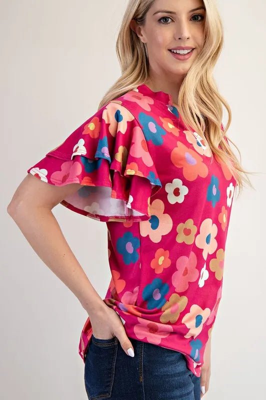 Celeste Bold Floral Print Ruffle Sleeve Blouse - Women's Casual Chic Tops for Spring Summer Outfits, Date Night & Office Wear