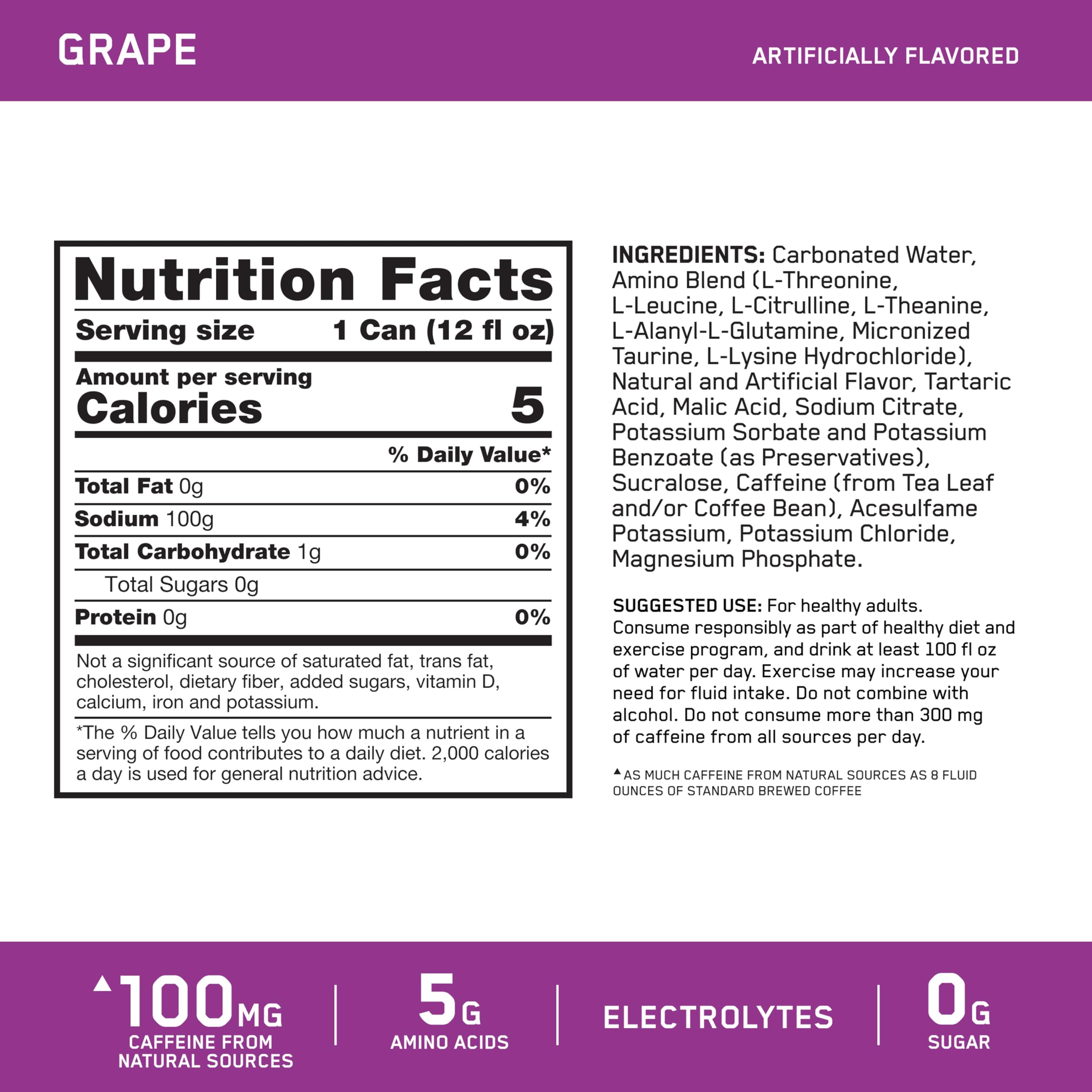 Optimum Nutrition Amino Energy Sparkling Hydration Drink with Electrolytes, Caffeine & BCAAs - Sugar Free Grape Flavor, 12 Fl Oz (12 Pack) | Pre-Workout Boost, Post-Workout Recovery & Daily Hydration Support