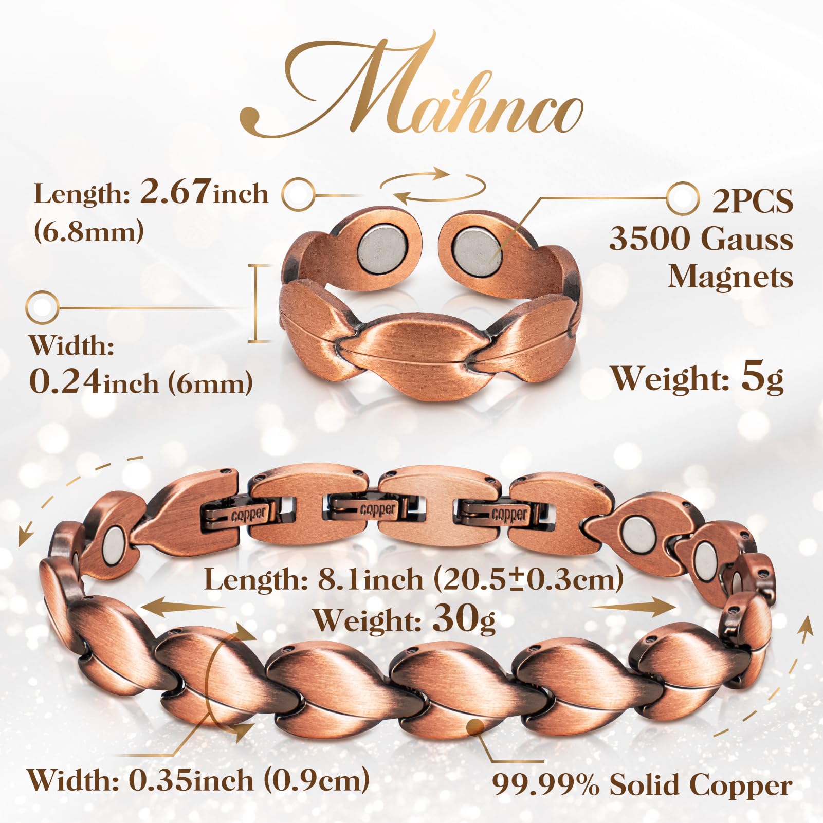 Women's Copper Magnetic Bracelet for Lymphatic Detox & Drainage - 100% Pure Solid Copper with 3500 Gauss Magnets, Adjustable Sizing Tool Included - Perfect for Wellness, Pain Relief & Holistic Healing
