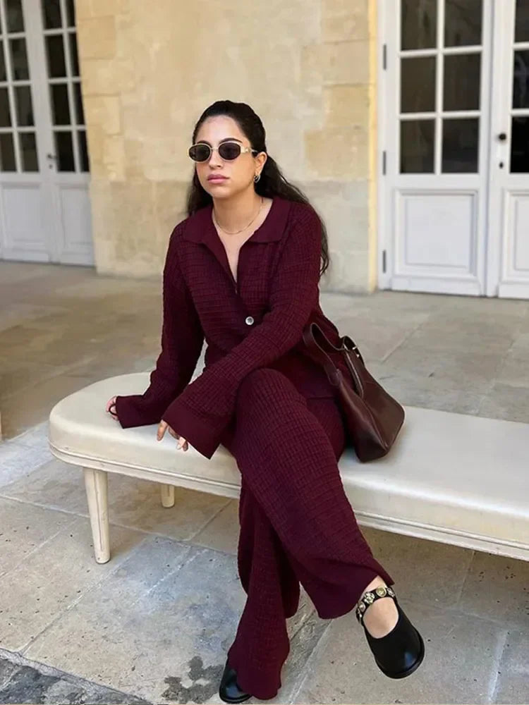 Women's Autumn Wine Red Knit Sweater 2-Piece Set with V-Neck Cardigan & High Waist Wide Leg Pants | Casual Fashion Outfit for Work, Dating & Fall Season