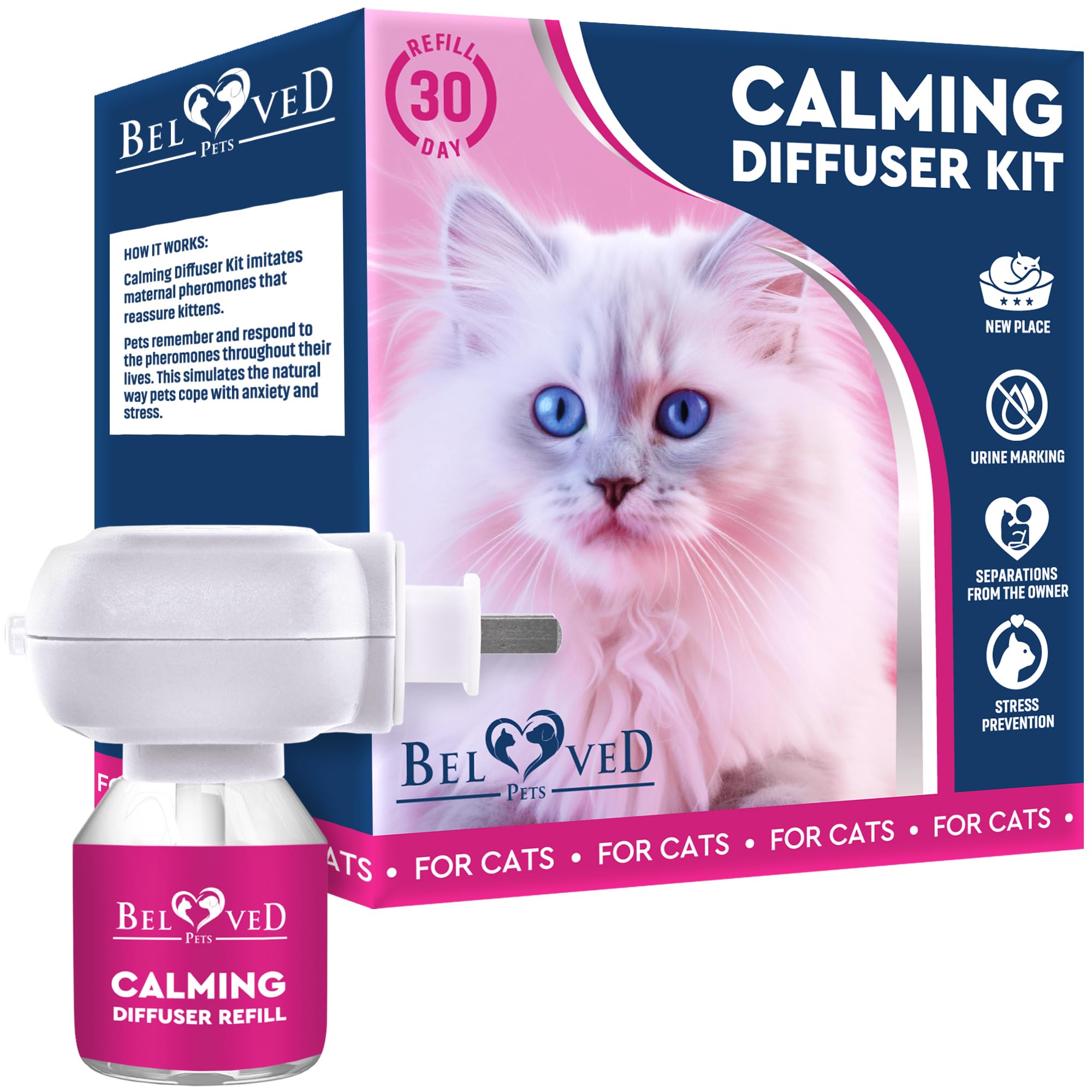 Premium Cat Calming Diffuser with Feline Pheromones - Anti-Anxiety Stress Relief for Cats, Stops Aggression, Spraying & Fighting - Ideal for Multi-Pet Homes, Vet Visits & Travel - 30-Day Refillable Plug-In