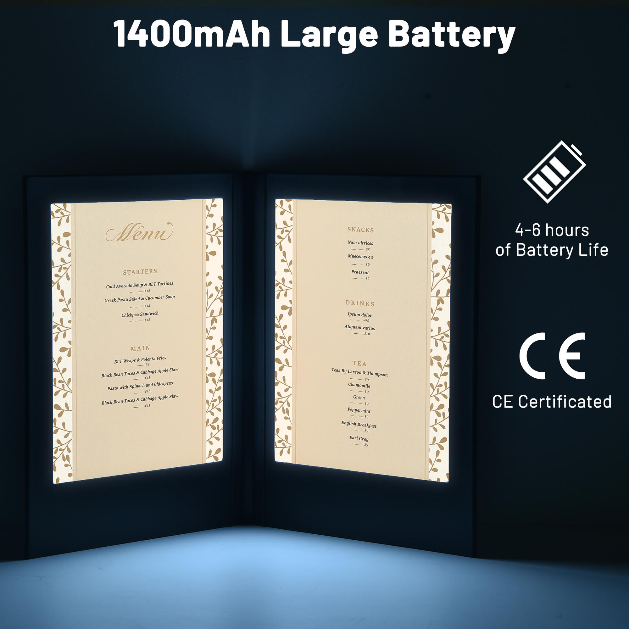 WeChef 4 Pack LED Backlit Menu Cover - Leatherette Wine List & Check Bill Holder for Restaurants - 2-Panel Display Fits 8