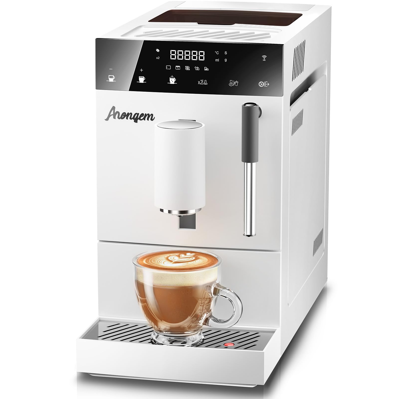 Automatic Espresso Coffee Machine with Built-In Grinder & Milk Frother - White Home Barista System for Homemade Cappuccino, Latte & Espresso | Perfect for Kitchen Countertops, Office Break Rooms & Small Coffee Shops