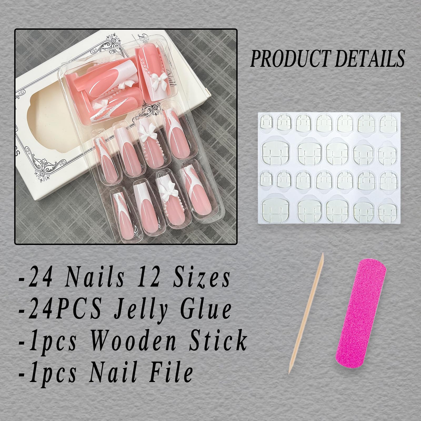 24Pcs French Tip Press on Nails - Long Square Fake Nails with Bow Rhinestone & Pearl Designs | Glossy Coffin False Nails for Women & Girls | Reusable Acrylic Nails for Parties, Weddings & Special Occasions