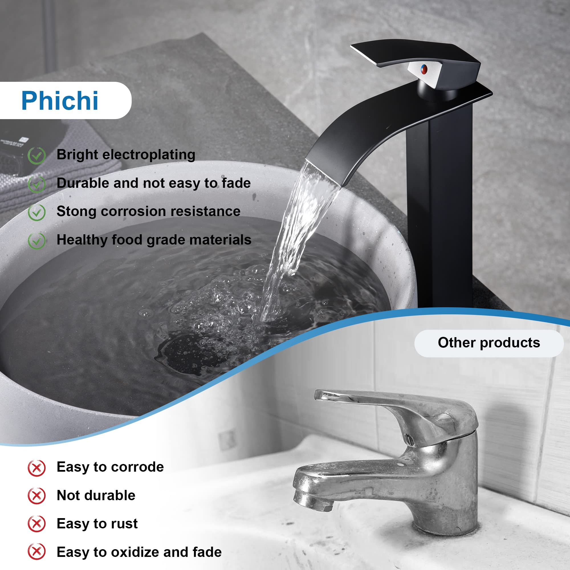 PHICHI Matte Black Tall Vessel Sink Faucet with Pop-up Drain - Single Hole Bathroom Faucet for Wash Basin - Premium Stainless Steel Design - Perfect for Modern Vanities, Luxury Bathrooms & Spa Retreats