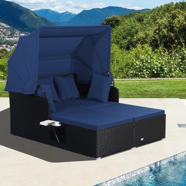 Costway Outdoor Patio Rattan Daybed with Retractable Canopy & Side Tables - Black - Perfect for Poolside Lounging, Garden Relaxation & Backyard Sunbathing