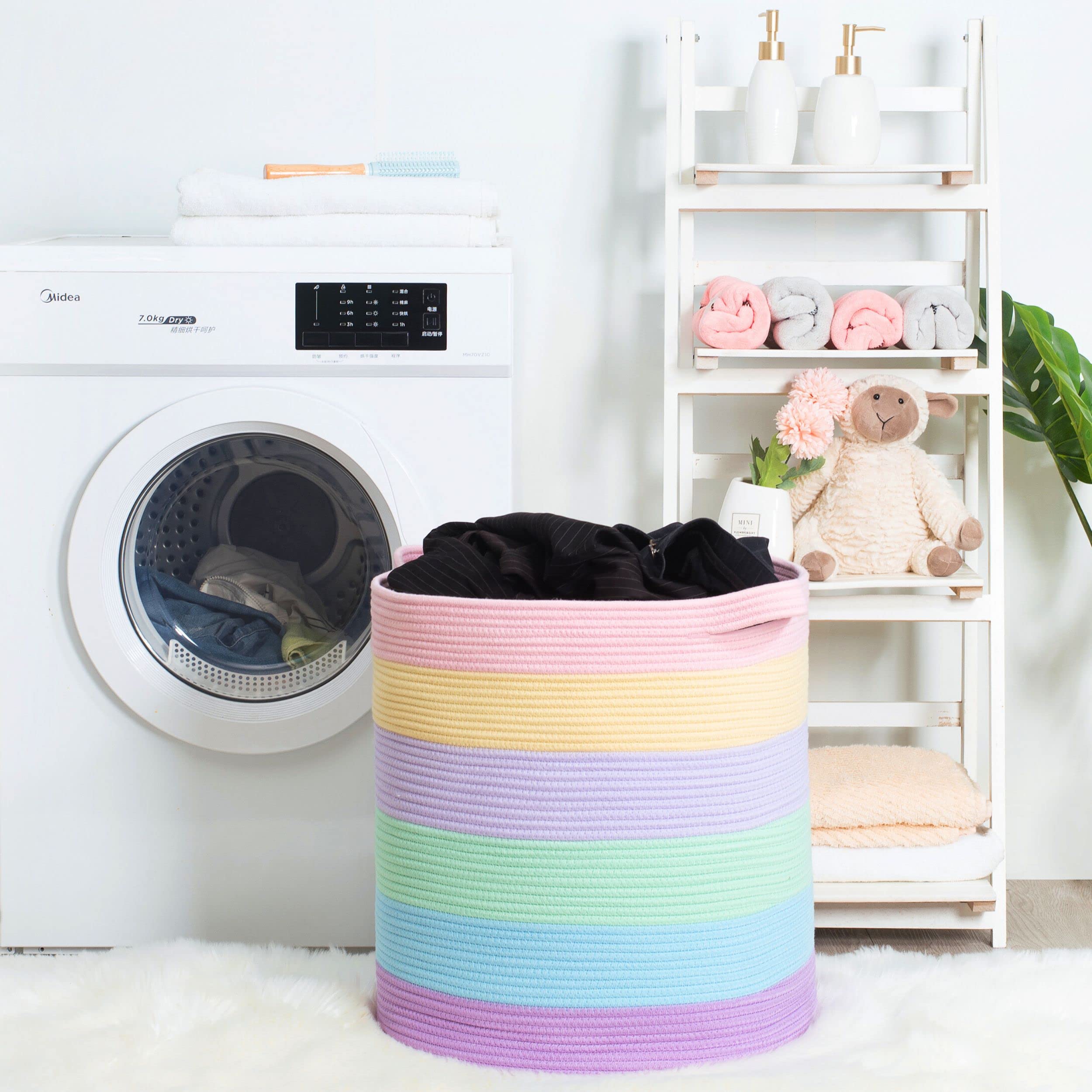 MINTWOOD Extra Large 20x18 Inch Woven Cotton Rope Storage Basket - Pastel Rainbow Laundry Hamper, Blanket Organizer for Bedroom, Living Room & Nursery - Perfect for Towels, Pillows, Toys & Home Decor