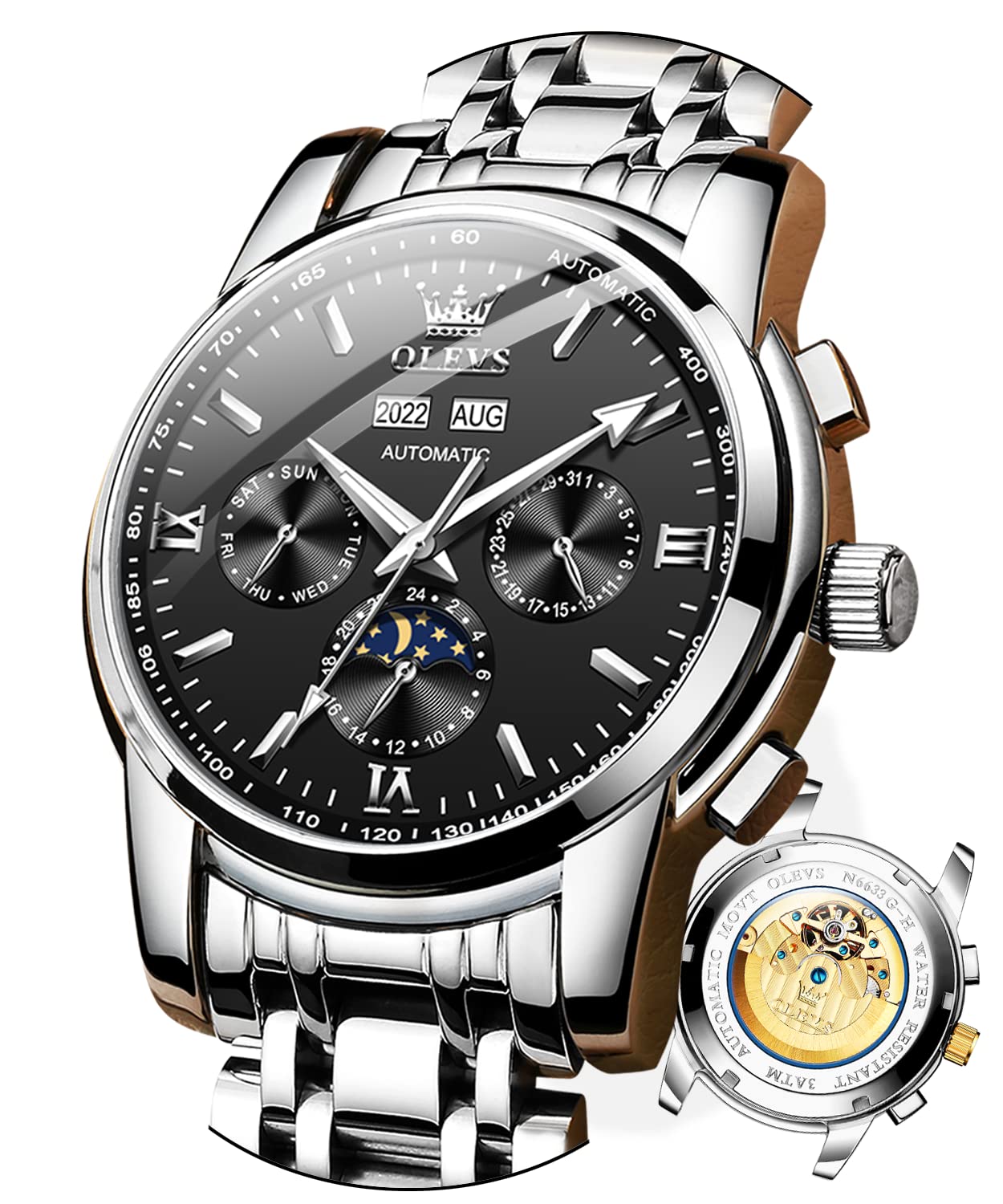 OLEVS Men's Automatic Self-Wind Luxury Watch - Original Mechanical Movement, Stainless Steel, Waterproof, Luminous, Day-Date-Month Display - Perfect for Business, Formal Events & Gift Giving