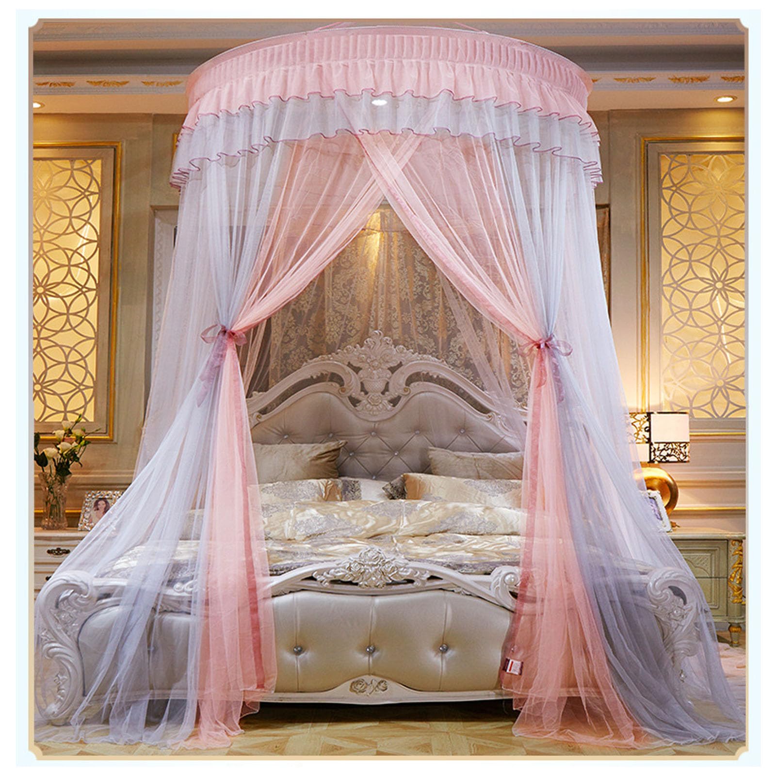 Blackout Bed Canopy Curtains with Mosquito Net - Gray Jade 71 Inch, Easy Install Suspended Dome Bed Drapes for Bedroom Decor & Privacy - Perfect for Nursery, Dorm, or Master Suite