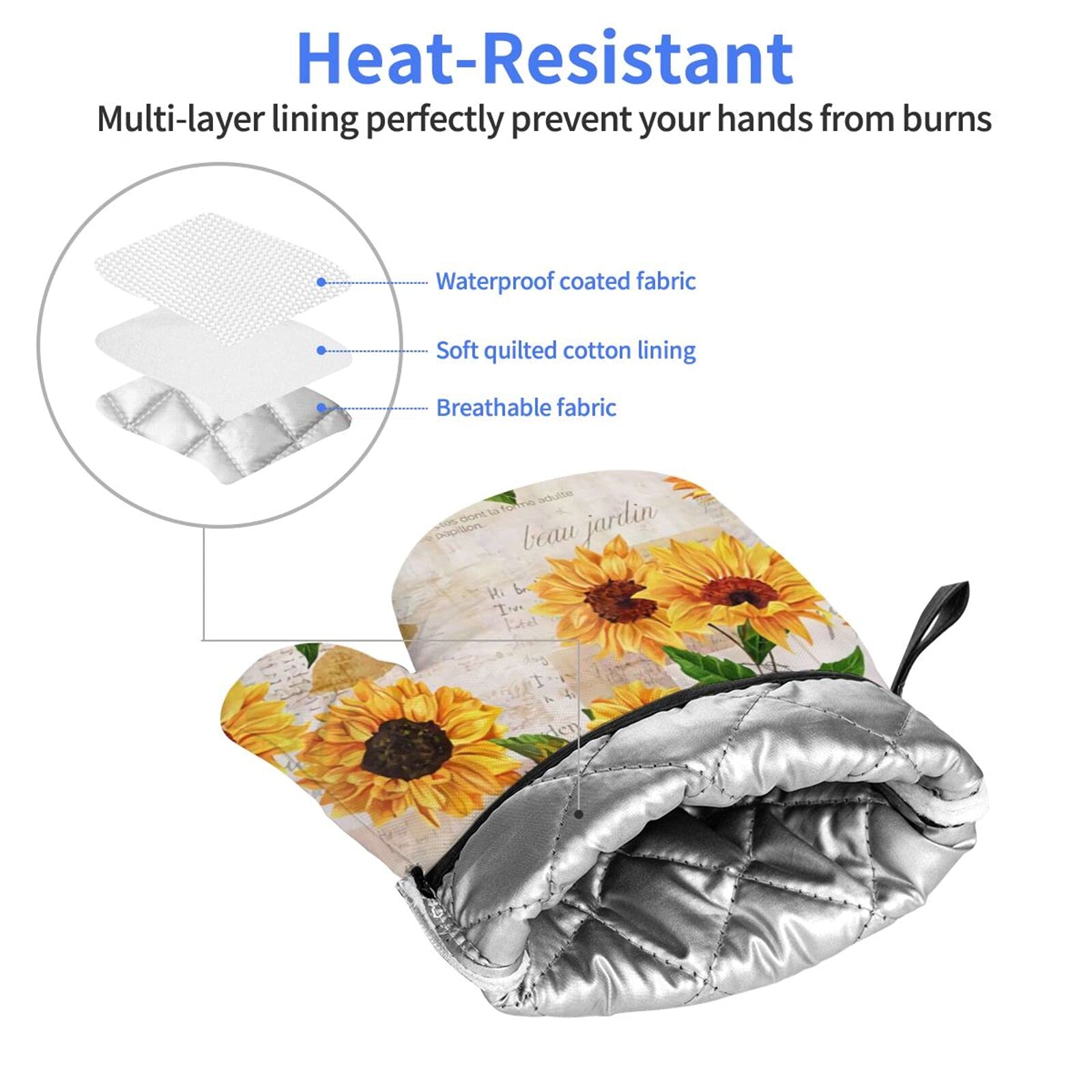 Vintage Yellow Sunflower Oven Mitts - Heat Resistant, Non-Slip & Waterproof Kitchen Gloves with Soft Cotton Lining for Cooking, Baking, BBQ - Perfect for Grilling, Baking Cookies, and Handling Hot Pots (2-Pack)