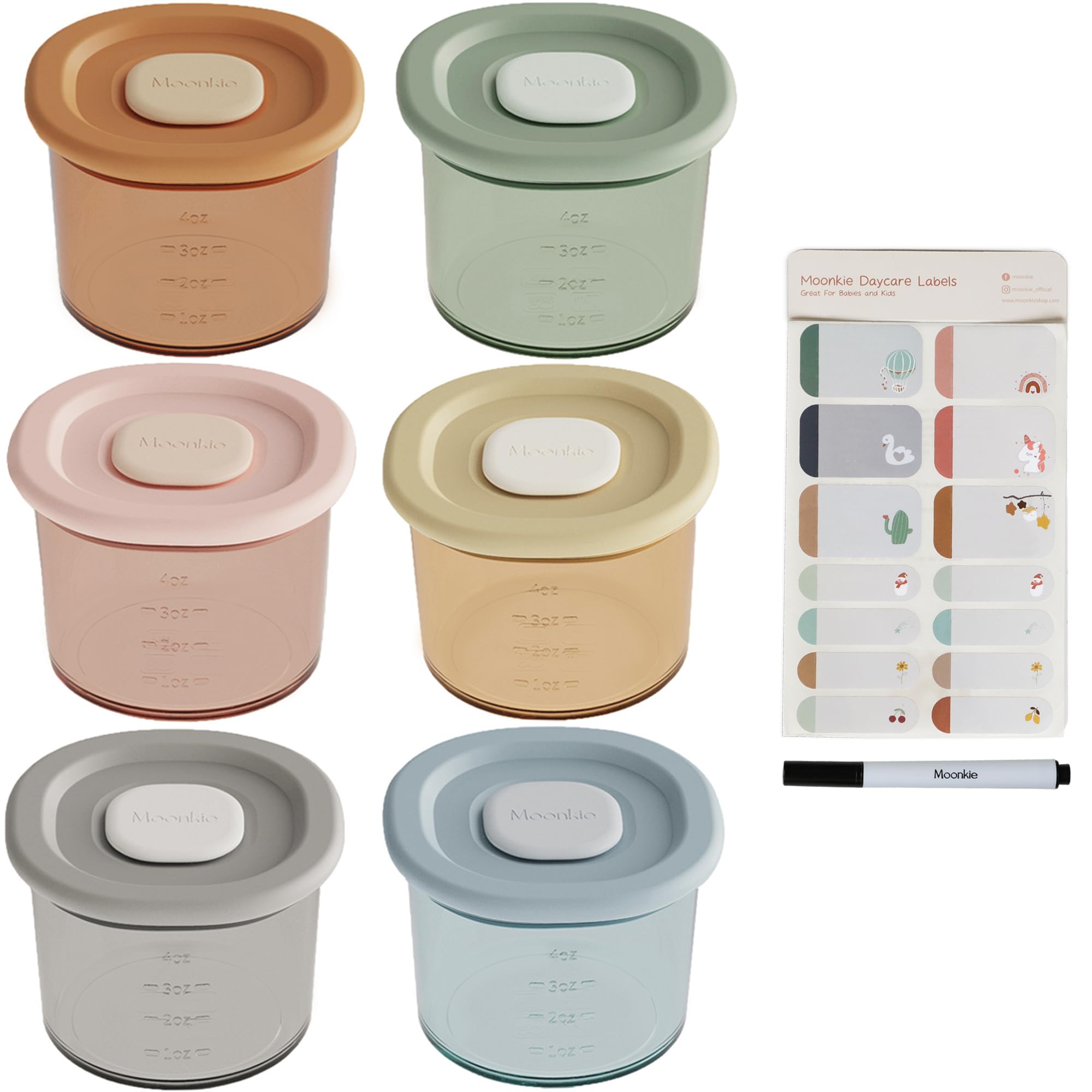 Moonkie Silicone Baby Food Containers - 4 oz Airtight Storage Jars with Lids | Reusable, Freezer, Microwave & Dishwasher Safe | Perfect for Infant & Toddler Meals | Ideal for Home, Travel & Daycare Use