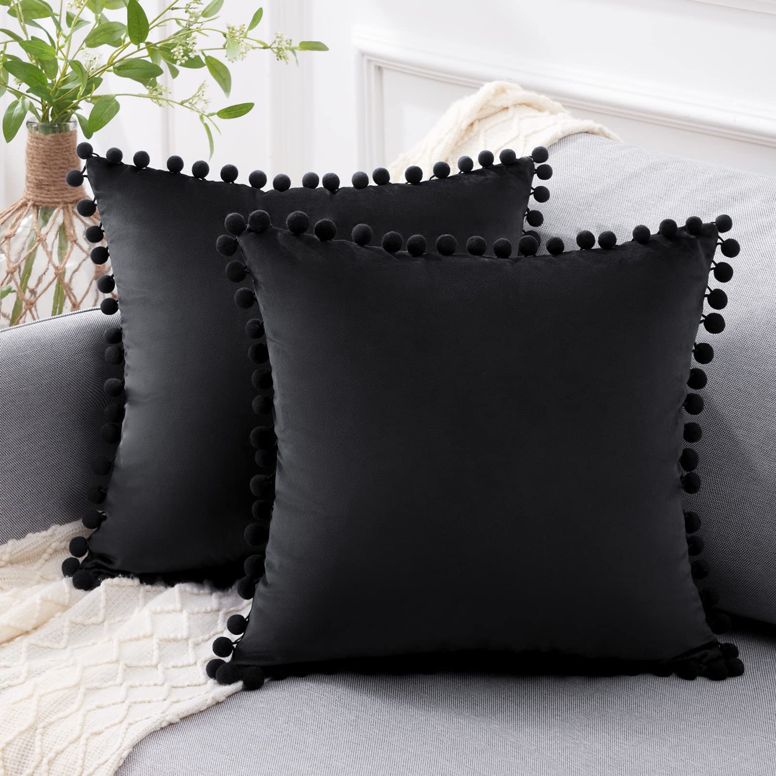 Luxury Velvet Decorative Throw Pillow Covers 20x20 Inch - Soft Black Pillow Cases with Pom Poms, Set of 2 for Couch, Bed, Sofa - Boho Chic Home Decor for Living Room, Bedroom & Office - Perfect for Spring, Easter & Cozy Home Styling