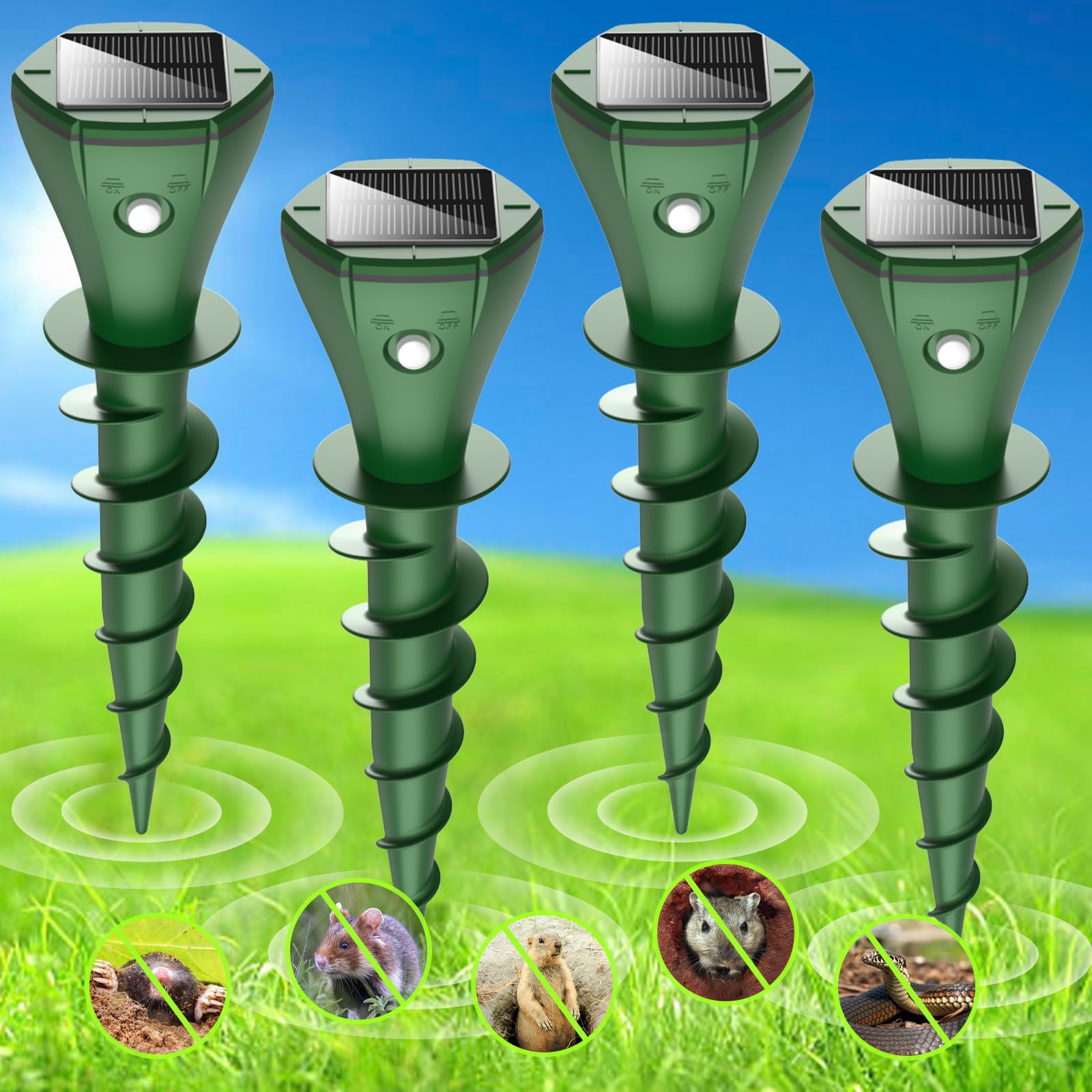 Solar Powered Ultrasonic Mole & Vole Repellent (4 Pack) - Gopher, Groundhog, Snake & Rodent Deterrent for Lawn, Garden & Yard Protection | Weatherproof Pest Control Stakes with Sonic Vibration Technology | Ideal for Outdoor Use in Backyards, Farms & Landscapes