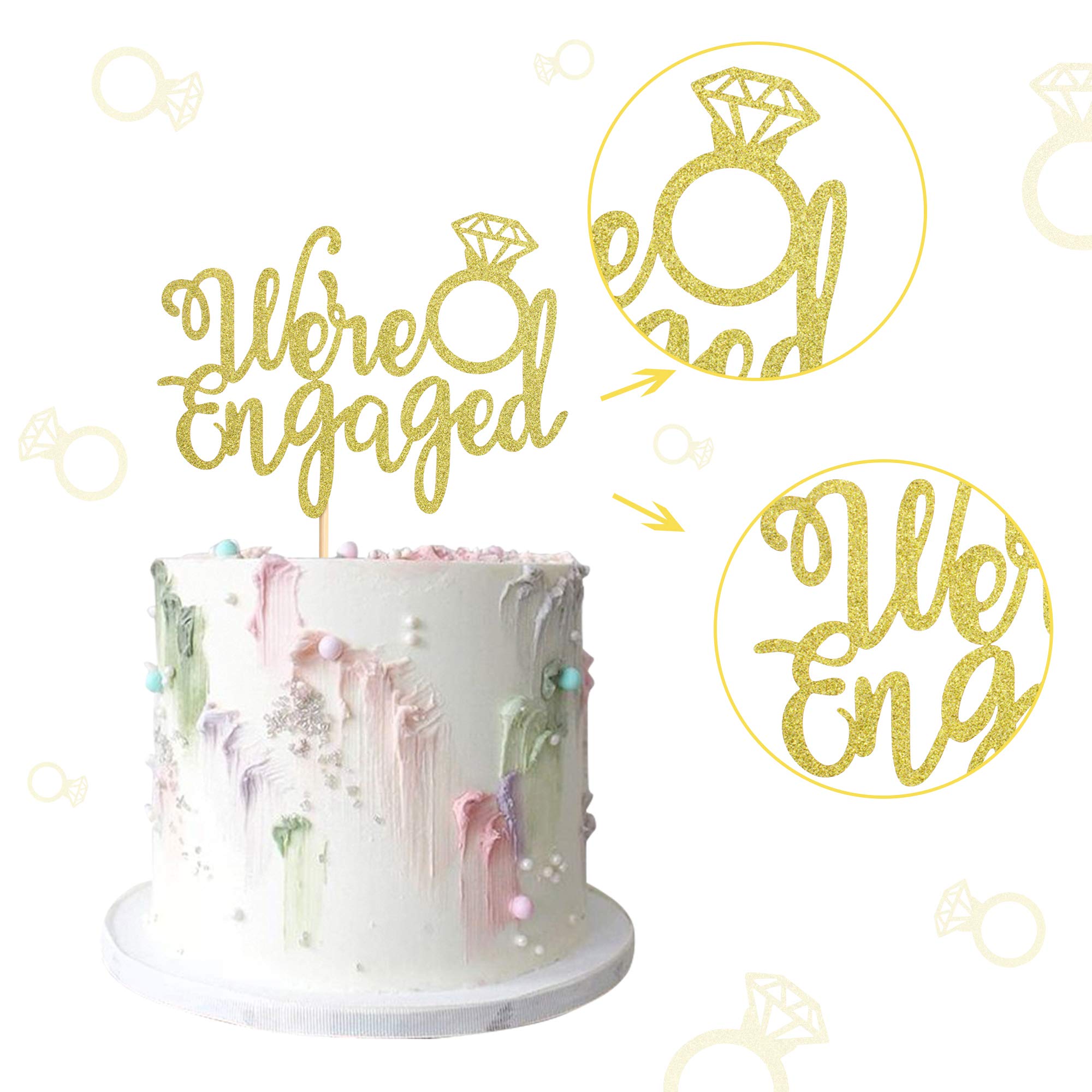 Ercadio Gold Glitter 'We're Engaged' Cake Topper - Wedding Engagement Cake Decor for Bridal Shower, Bachelorette Party & Anniversary Celebrations