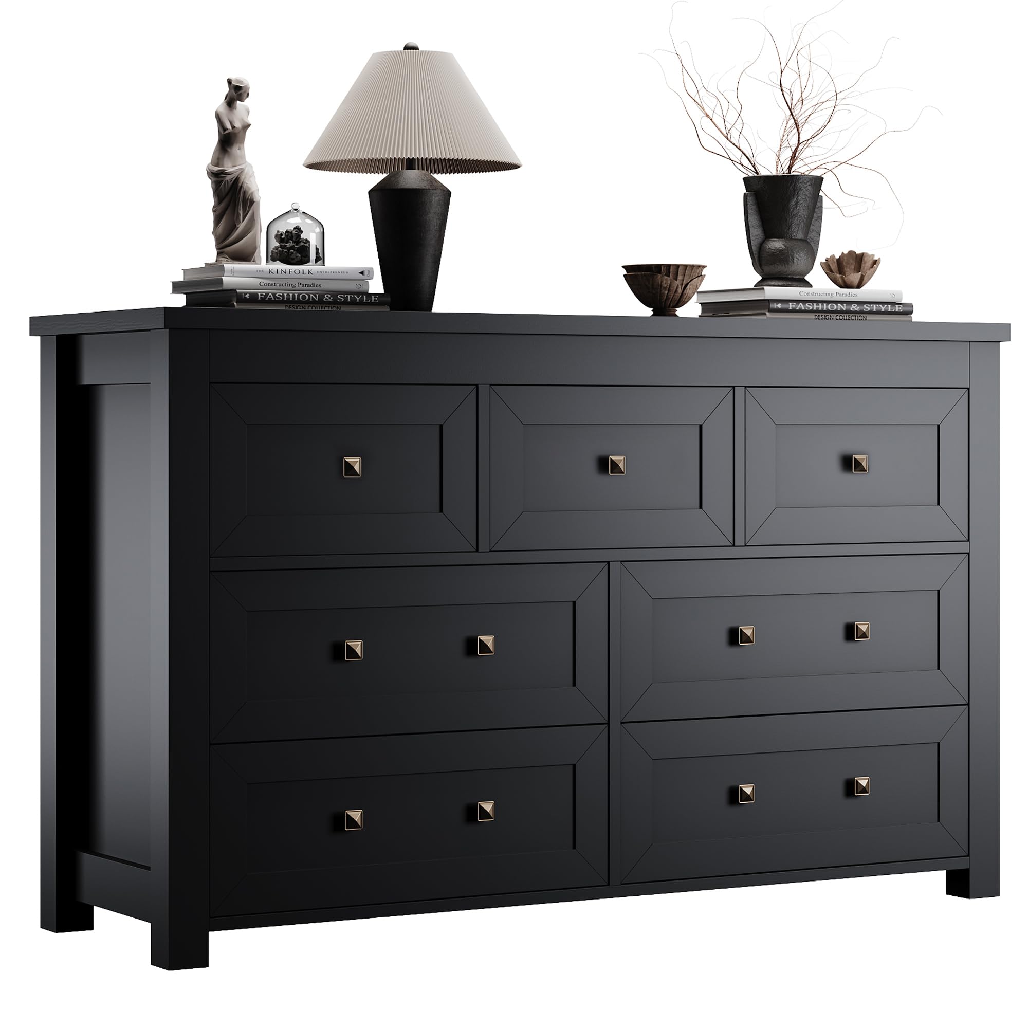7-Drawer Farmhouse Dresser for Bedroom - Solid Wood Chest with Metal Handles, Wide TV Stand & Closet Storage Organizer - Modern Entryway, Living Room, Hallway Furniture (Black) - Perfect for Bedroom Storage & Living Room Organization