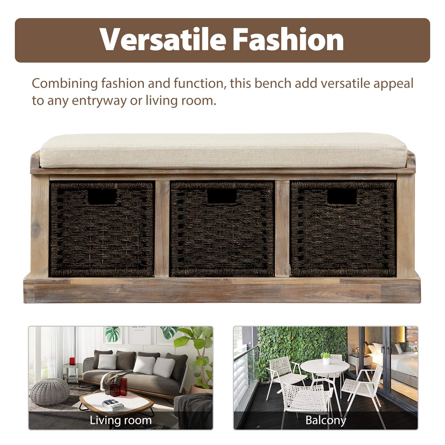 Harper & Bright Designs Solid Wood Rustic Storage Bench with 3 Removable Rattan Baskets - Fully Assembled Entryway Bench with Cushion for Hallway, Living Room, Bedroom - Perfect for Entry Storage, Shoe Organization & Home Decor