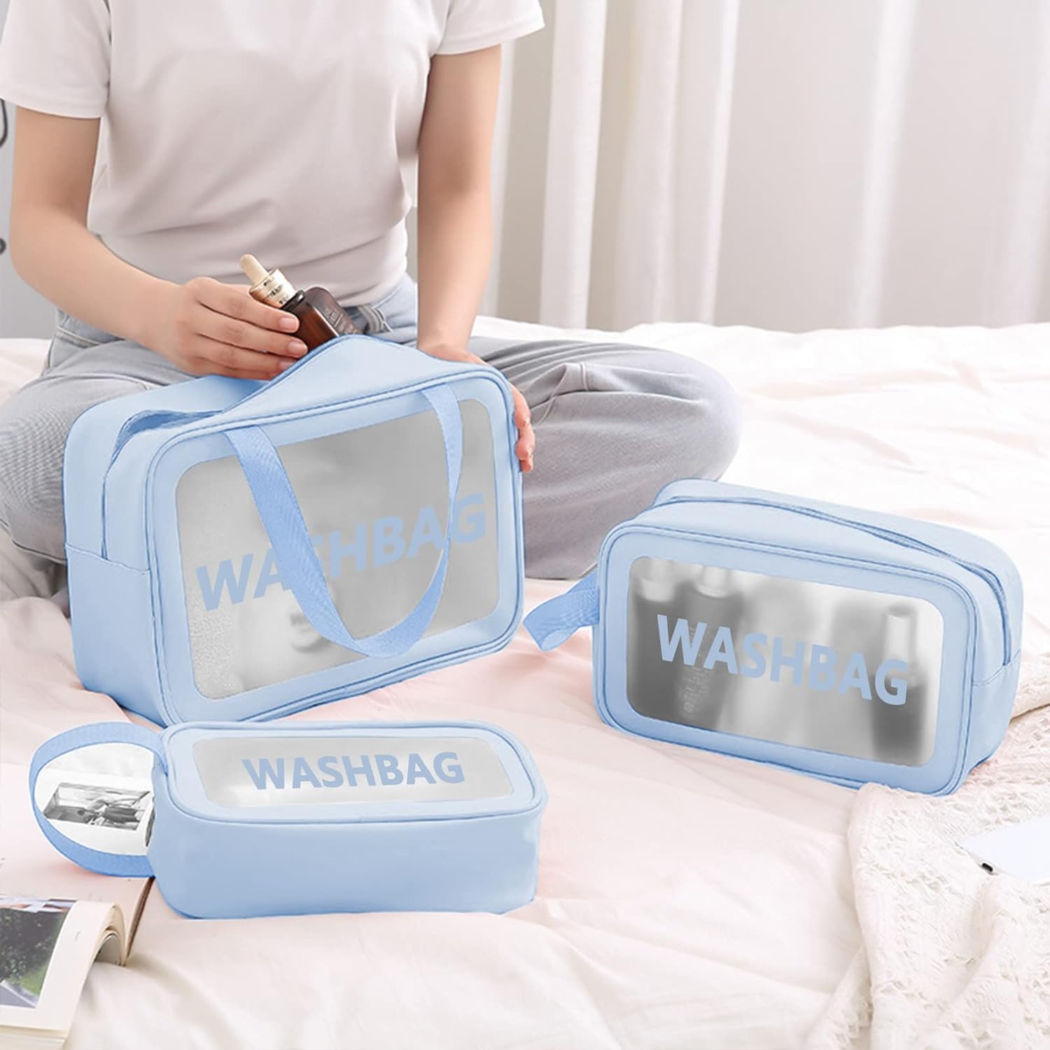 Niwlix 3-Pack Transparent Makeup Pouch Set for Women - Waterproof Travel Toiletry Bag & Cosmetic Organizer (Blue) | Perfect for Air Travel, Gym, Beach Essentials & Daily Beauty Storage