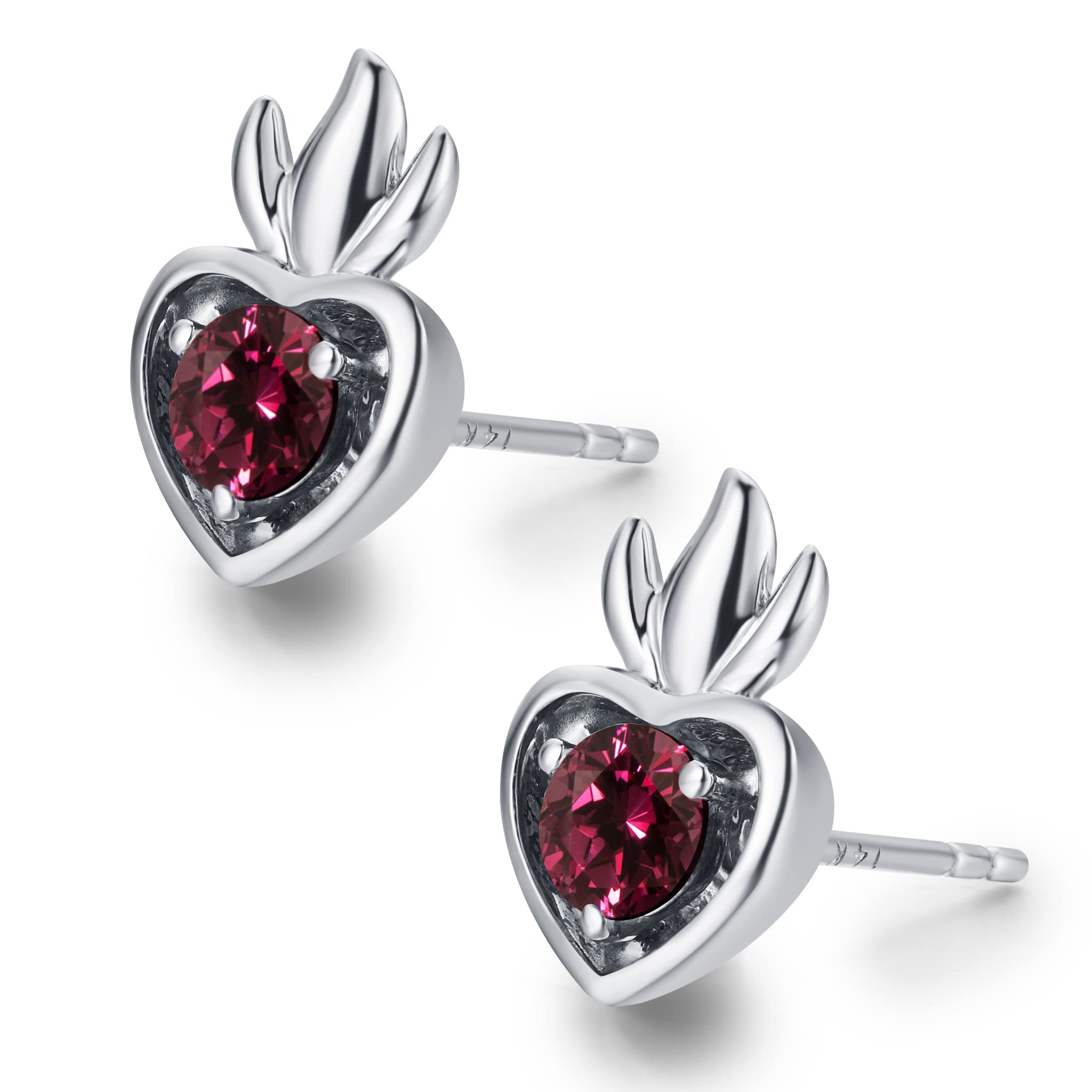 Rhodolite Garnet Heart Stud Earrings - 14K Gold Plated Dainty Stackable Small Earrings - January Birthstone Jewelry for Multiple Piercings - Minimalist Everyday Stacking Earrings for Women, Gift for Her, Valentine's Day, Anniversary