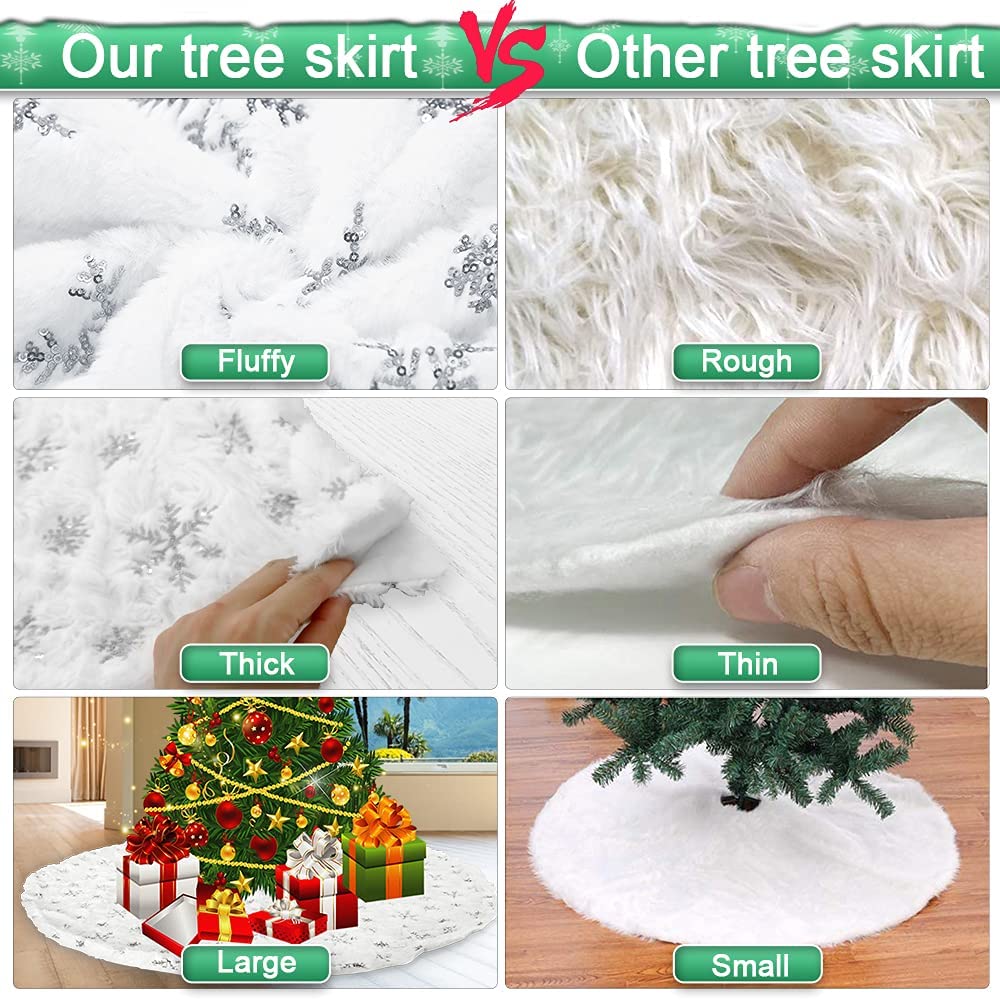 72 Inch White Faux Fur Christmas Tree Skirt with Sequin Silver Snowflakes - Holiday Party Decor for Xmas Tree, Home, and Festive Gatherings