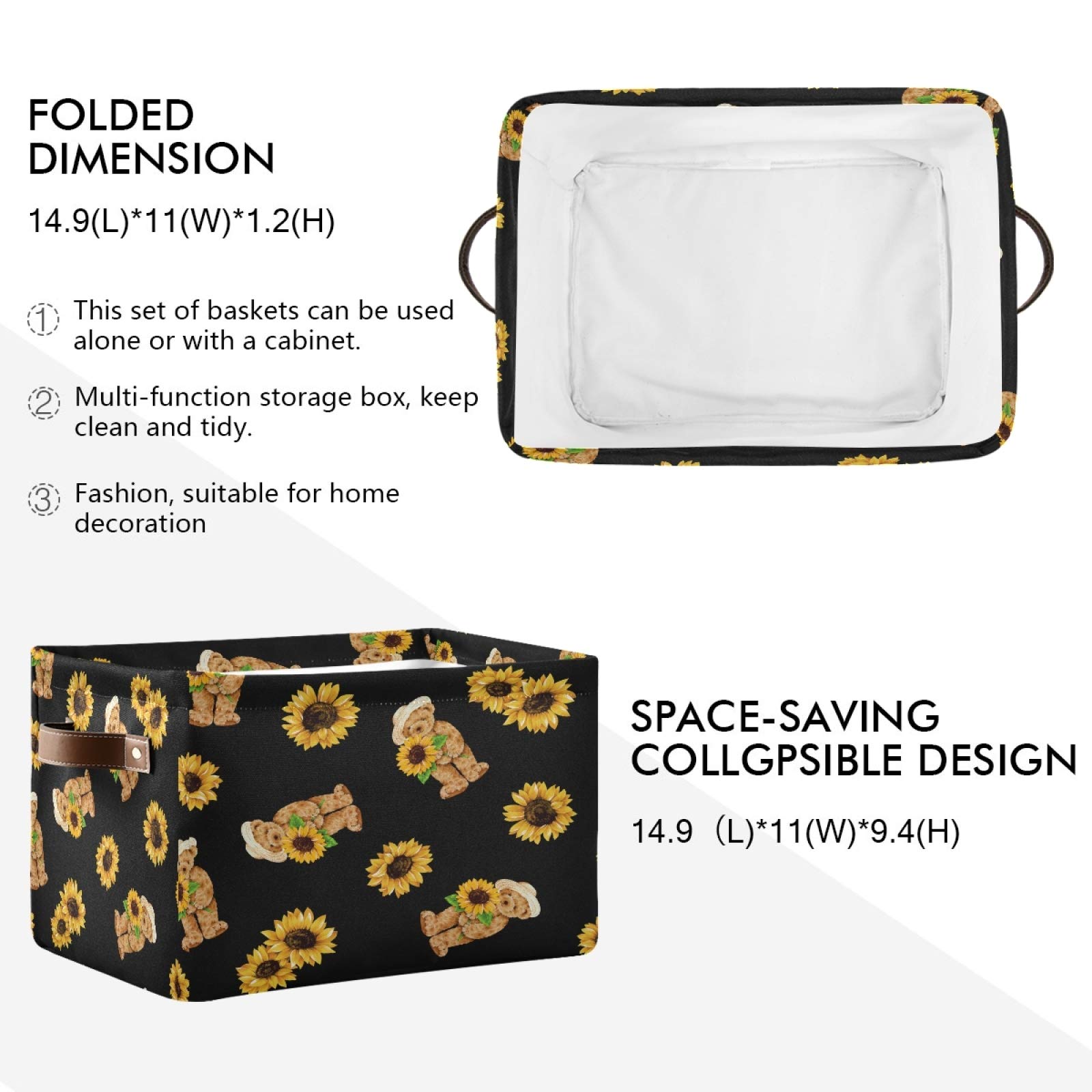 AUUXVA Cute Bear & Sunflower Storage Basket - Durable Collapsible Canvas Toy Organizer Bin with Handles for Bedroom, Closet, Office | Perfect for Kids' Room, Nursery & Home Organization