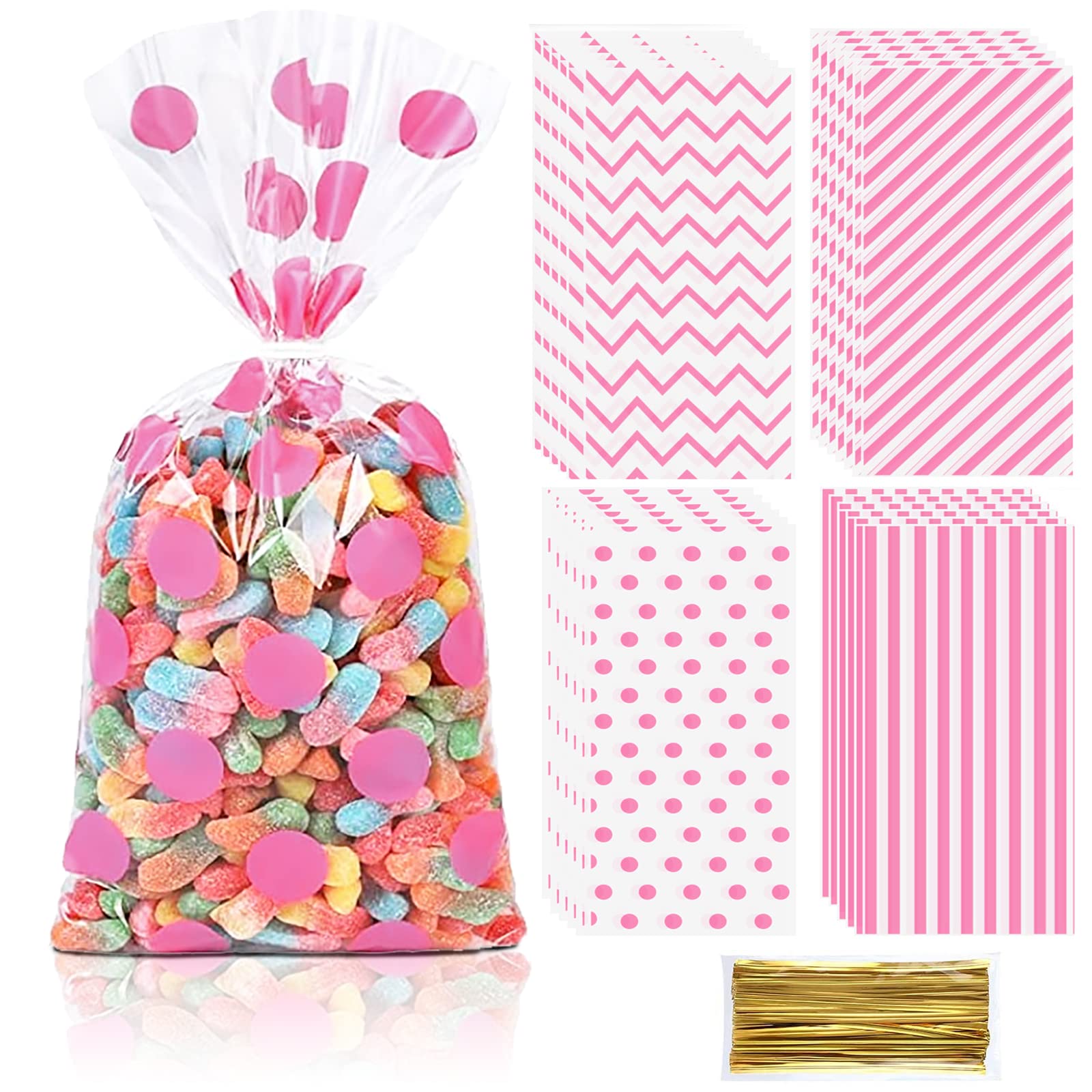 100Pcs Pink Buffalo Polka Dot Stripes Cellophane Gift Bags - Baby Shower, Birthday, Wedding Party Favor Treat Bags for Candy, Goodies & Small Gifts - Perfect for Valentine's Day, Baby Showers & Special Events
