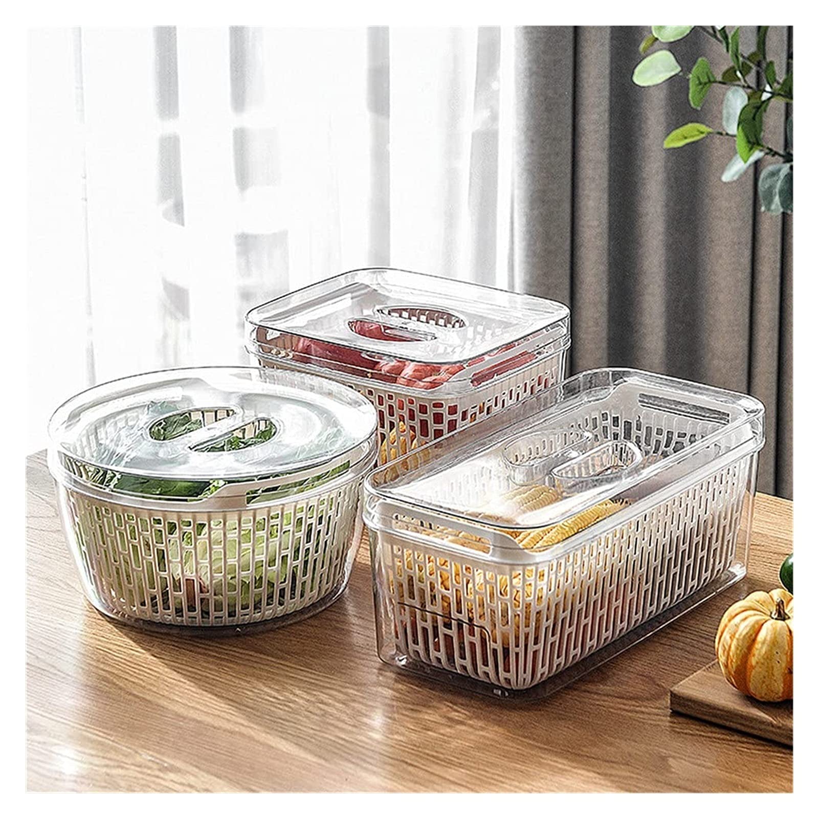 HXR 3-Piece Refrigerator Drain Fresh Box Set with Lids & Removable Drain Tray - Rectangular & Round Food Storage Containers for Fridge Organization - Perfect for Meal Prep, Leftovers & Produce Storage