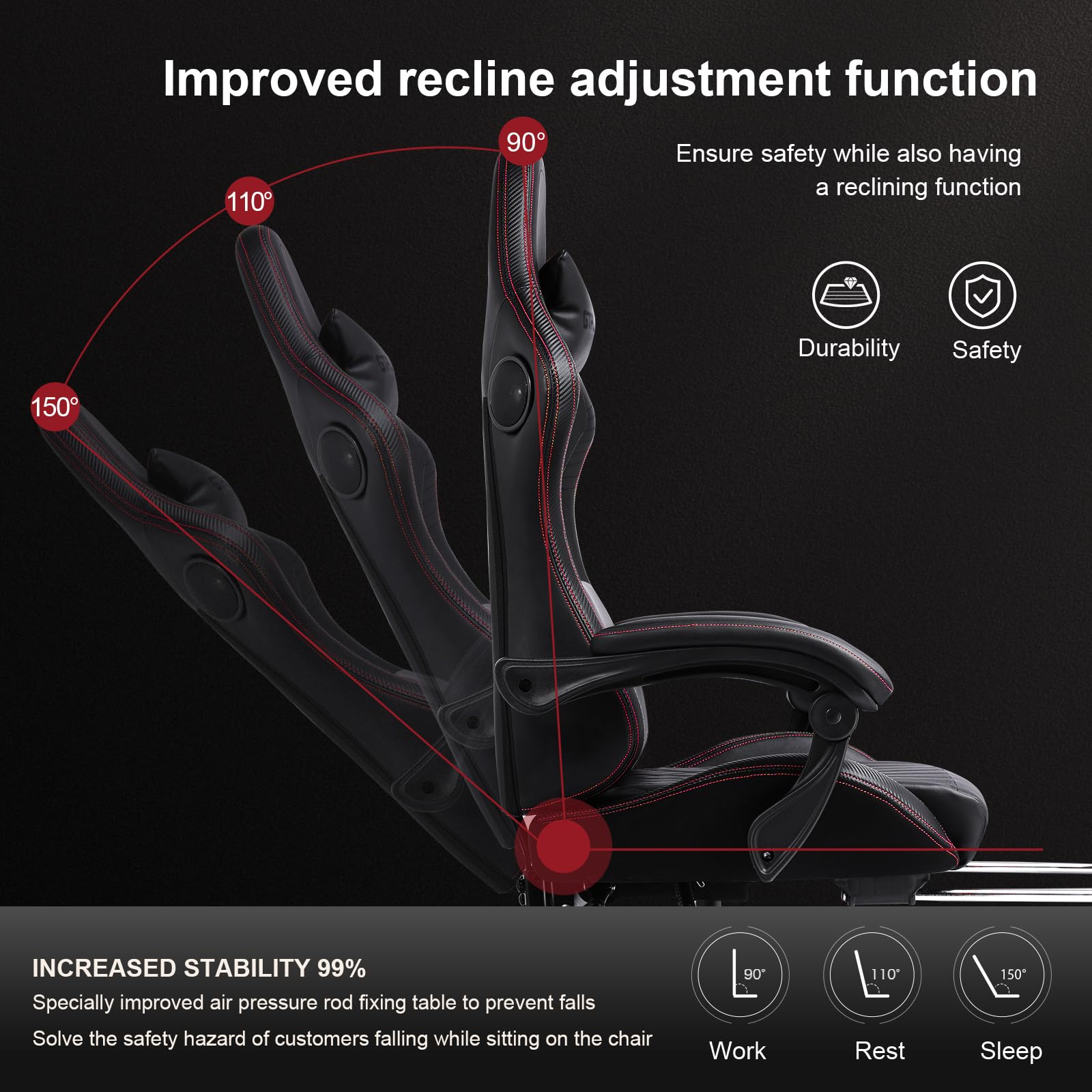 GTPLAYER Ergonomic Gaming Chair with Bluetooth Speakers & Footrest - High Back Reclining Computer Game Chair for Adults & Kids, Adjustable Linkage Armrests (Red) - Perfect for PC Gaming, Office Work & Home Entertainment