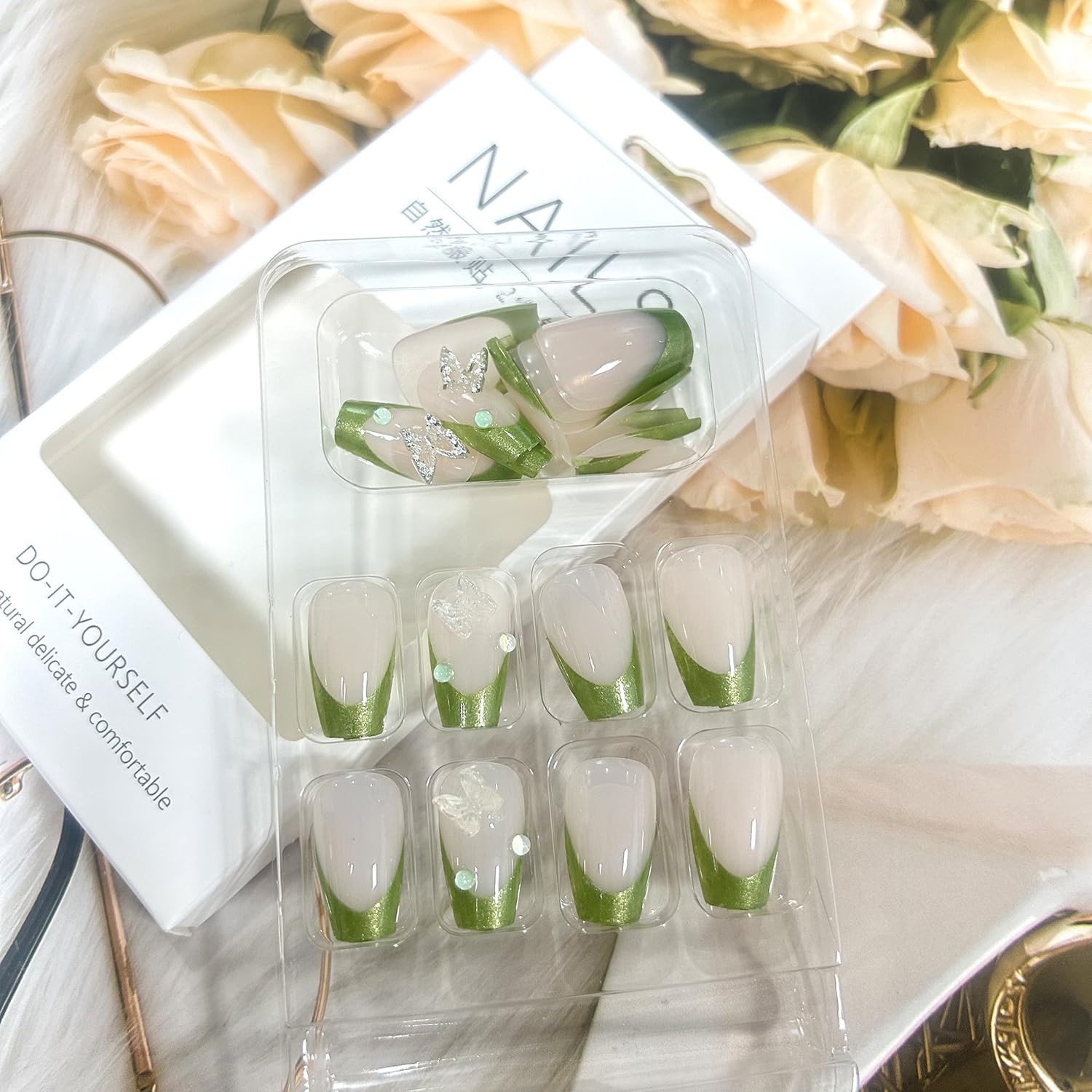 French Tip Press On Nails - Medium Length Ballet Shaped Green Acrylic False Nails 24 Pcs Kit with Nail File & Wooden Stick - Perfect for Parties, Weddings, and Everyday Wear